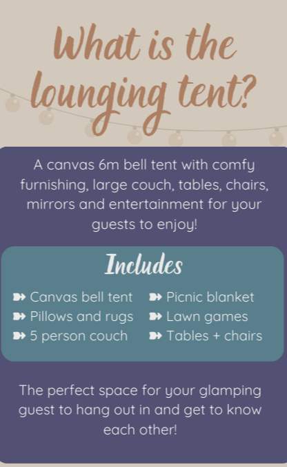 Inside a beige glamping tent with seating and furniture, including sofas, a mirror, tables, and decorative items.
