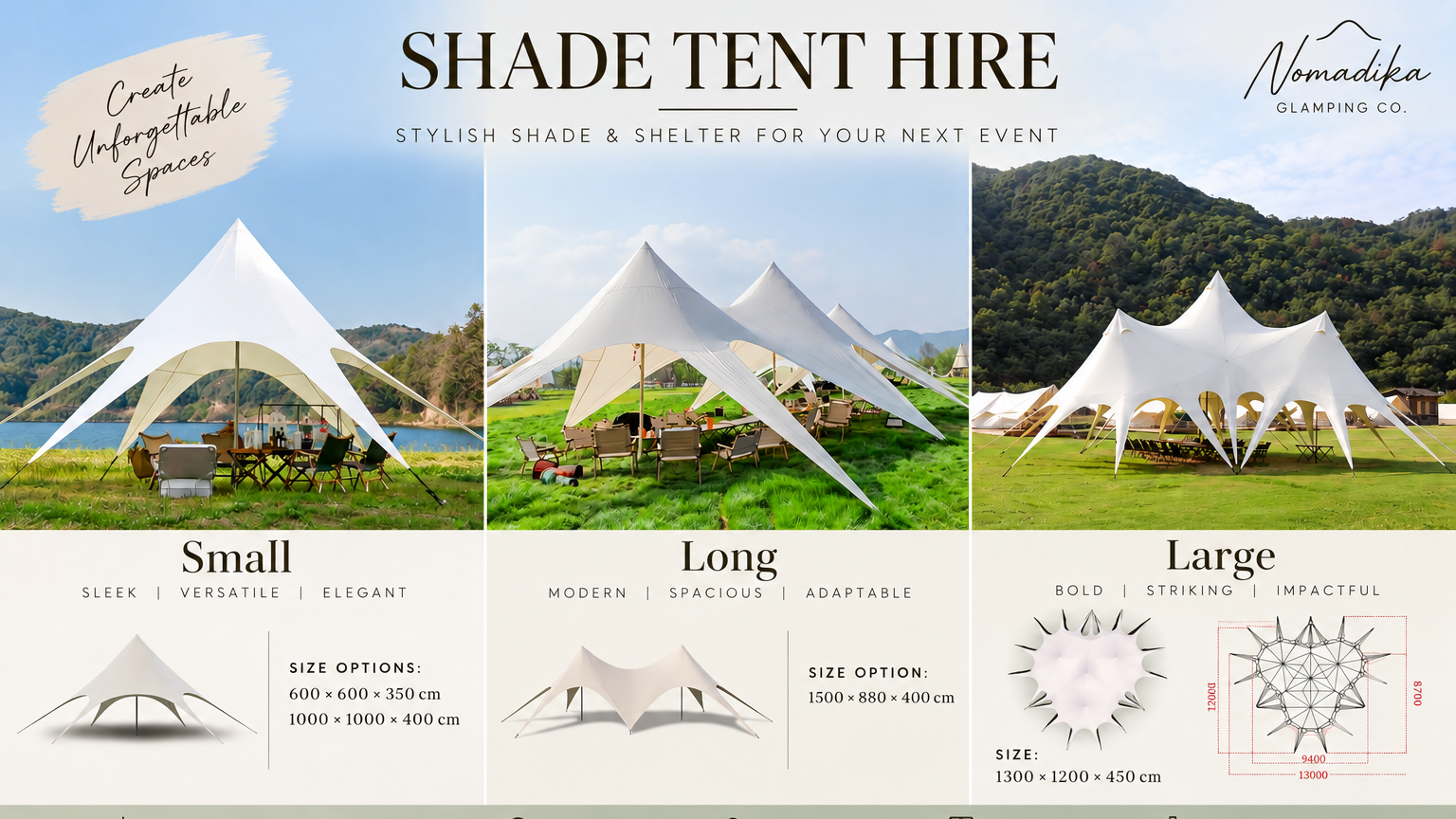An advertisement for shade tents, showcasing three styles: small, long, and large, with images and dimensions for each tent.