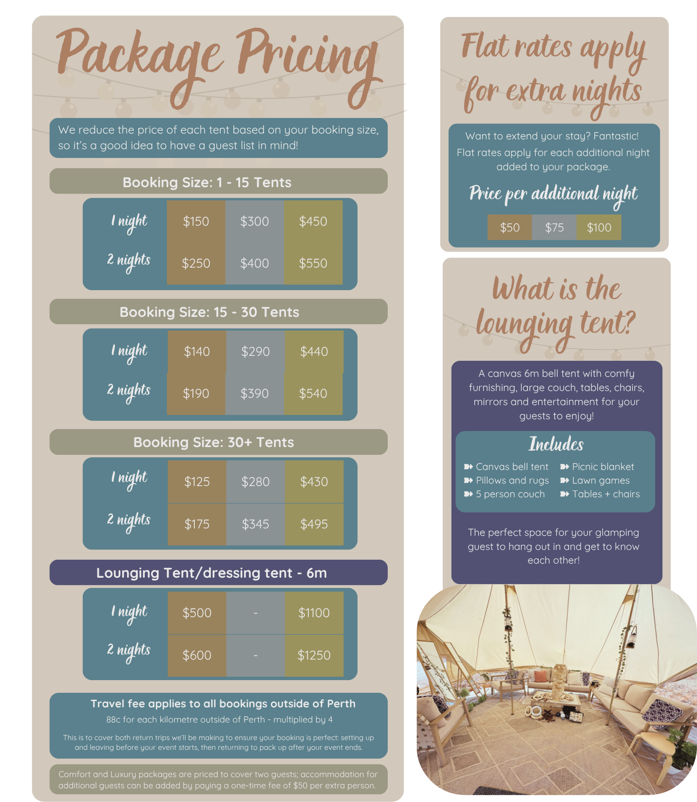 Information about tent package pricing, including rates for different stay durations and additional nights, along with details about a lounging tent for relaxation.