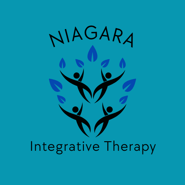 Logo for Niagara Integrative Therapy with three stylized human figures in a circle, with blue leaves around them, on a teal background.