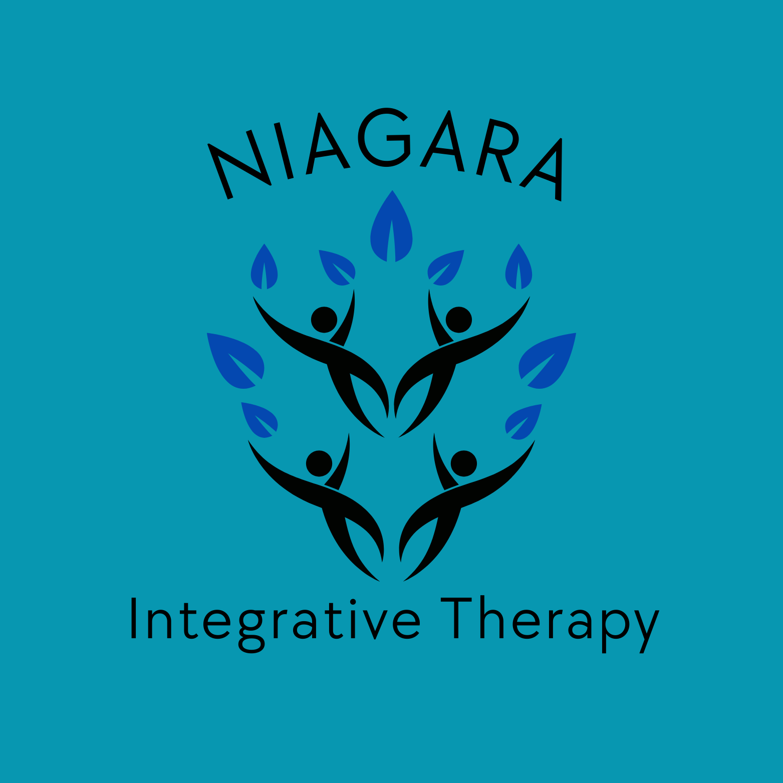 Logo for Niagara Integrative Therapy featuring stylized black human figures with blue leaves around them on a teal background.