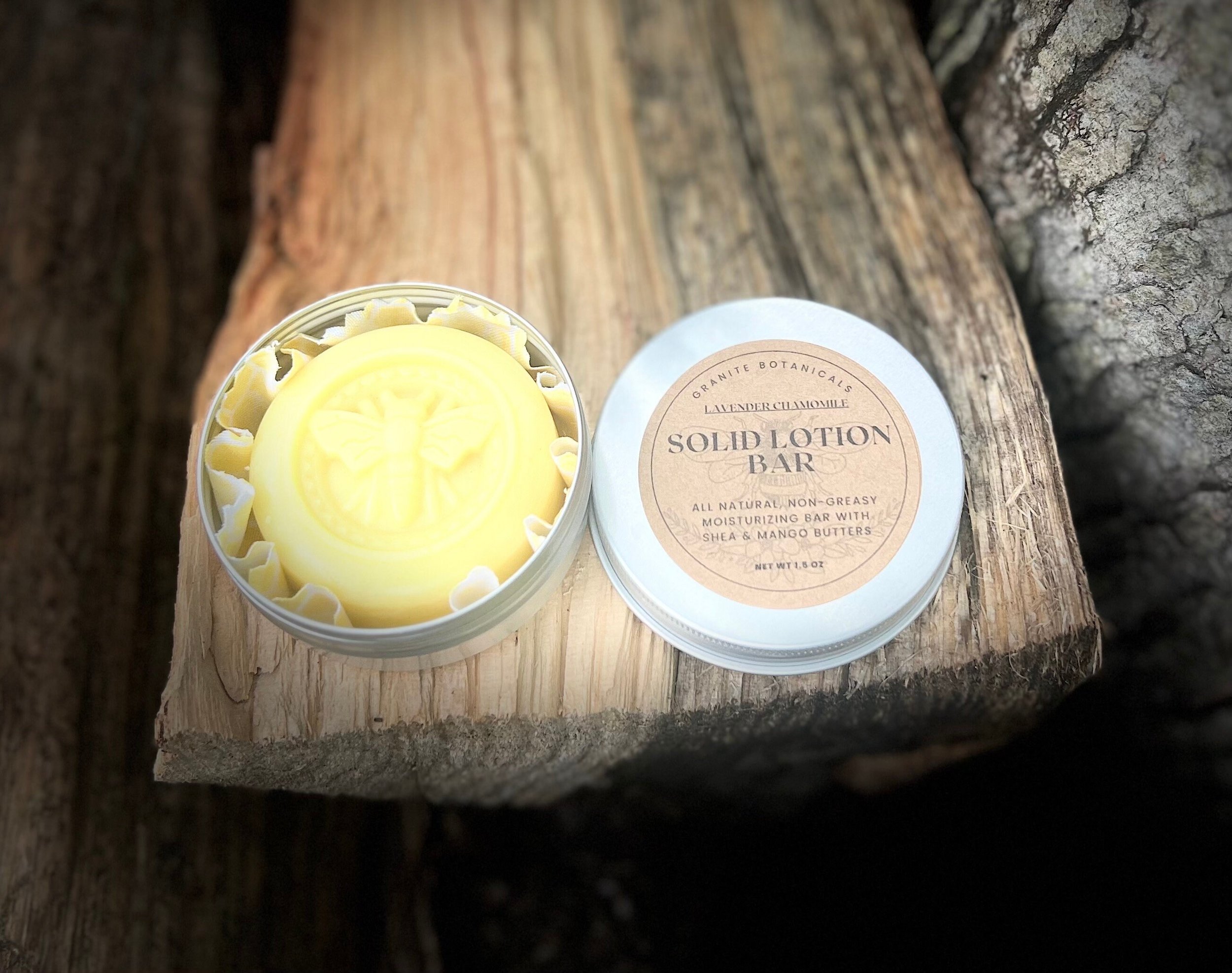 Lavender Chamomile Solid Lotion Bar | Massage Bar with 2 oz Travel Tin - Granite Botanicals