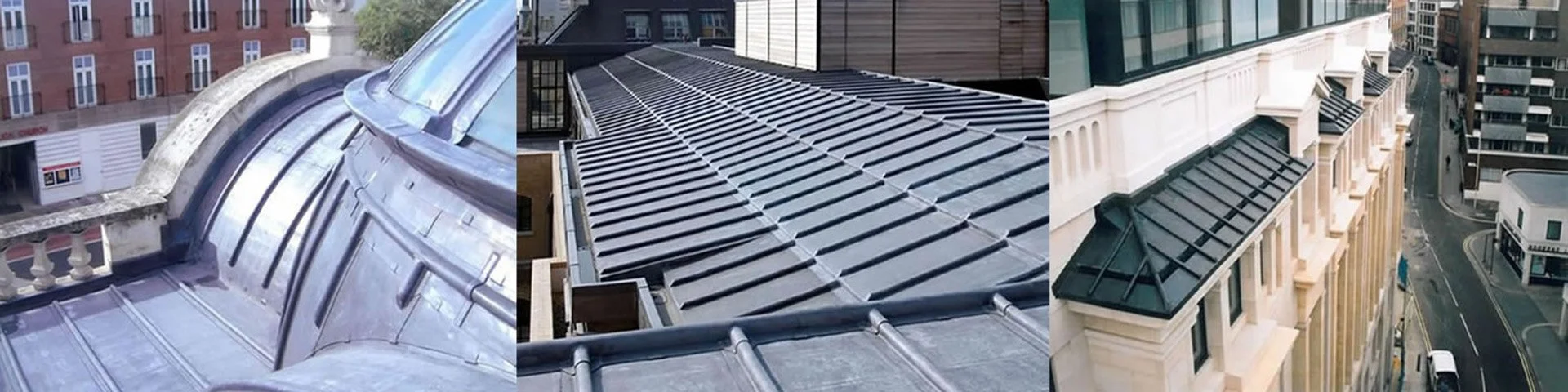 Three images of different building rooftops showing various roofing styles and materials.