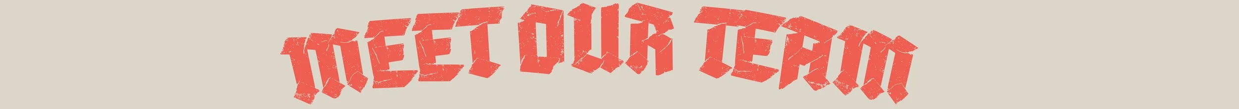 Text that reads "Meet Our Team" in bold red letters with a textured appearance, centered on a light beige background.