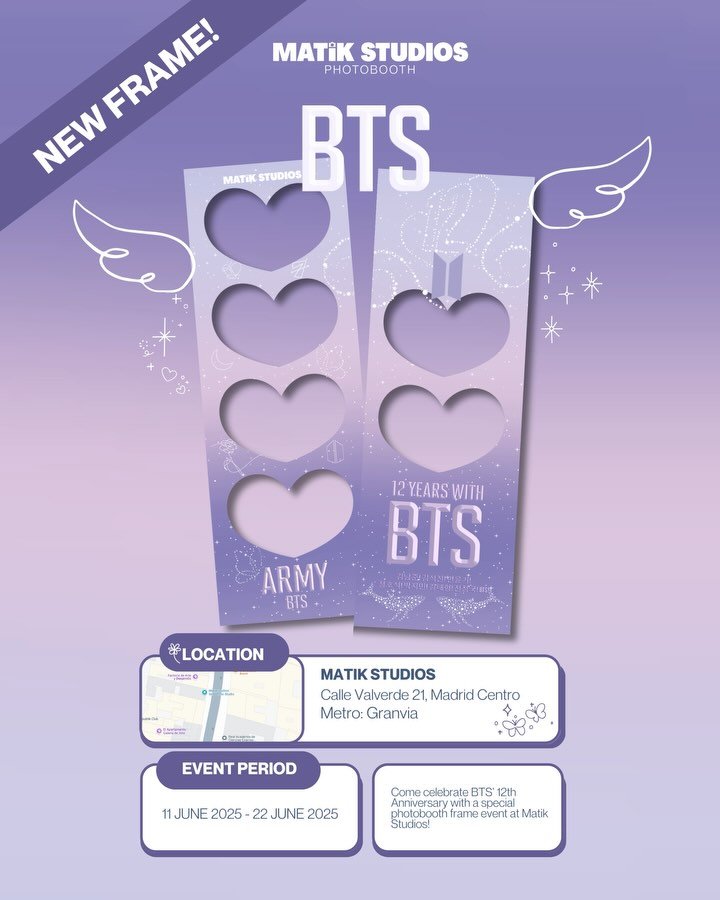 Despu&eacute;s de 3 largos a&ntilde;os... los chicos est&aacute;n casi al completo 💜 

&iexcl;Ven a celebrar el 12&ordm; Aniversario de BTS con un evento especial de fotomat&oacute;n en Madrid!

📆 11 al 22 de junio
📍 Calle Valverde 21, Madrid Cent