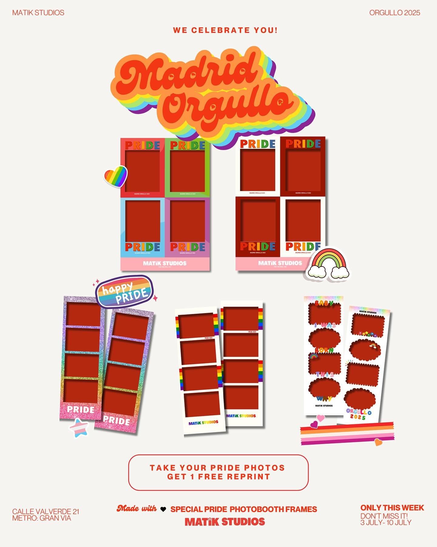 We celebrate you 🌈

Celebrate every beautiful part of who you are with our special Madrid Pride frames! 

📍Calle Valverde 21 Madrid Centro
📸 &euro;6 each

From Matik Studios with pride &mdash; because you deserve to be celebrated. ✨🫶🏽

#orgullo 