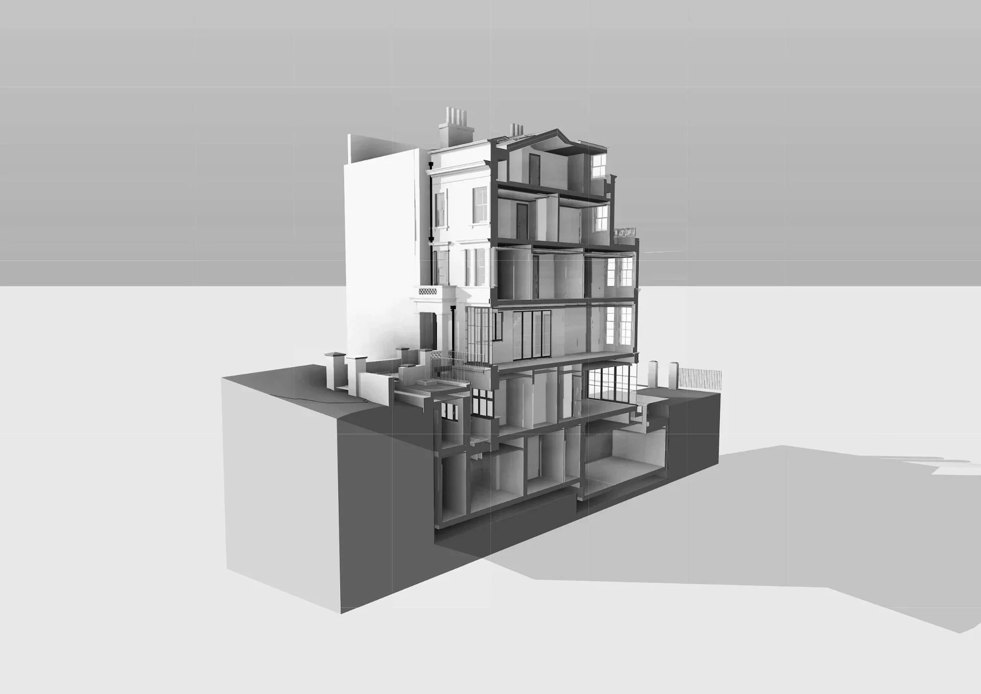 Grayscale architectural cutaway rendering of a multi-story residential building showing interior rooms, stairs, windows, and structural details