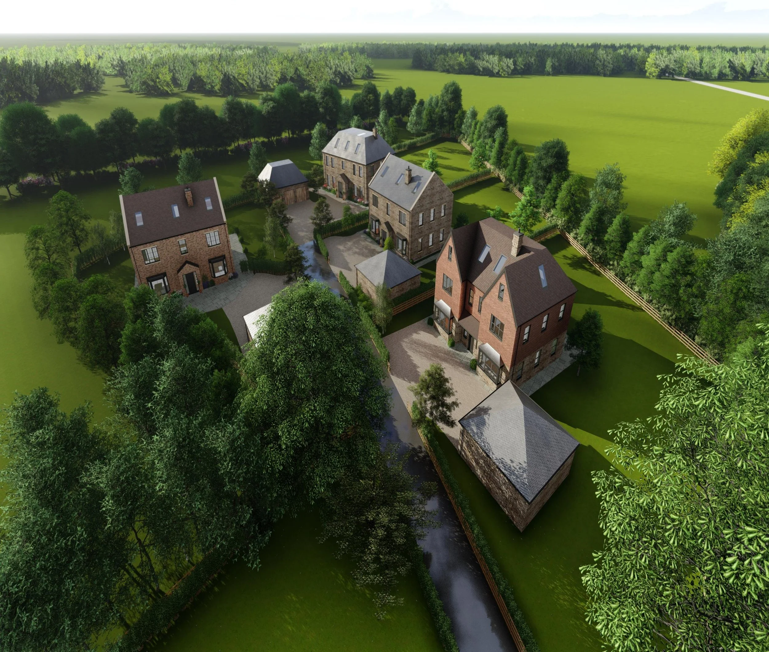 Aerial view of a rural residential development with brick homes, landscaped yards, tree-lined fields, and surrounding farmland.