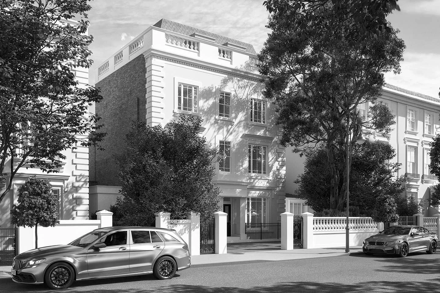 Elegant townhouse-lined residential street with parked luxury cars, trees, and ornate architectural details