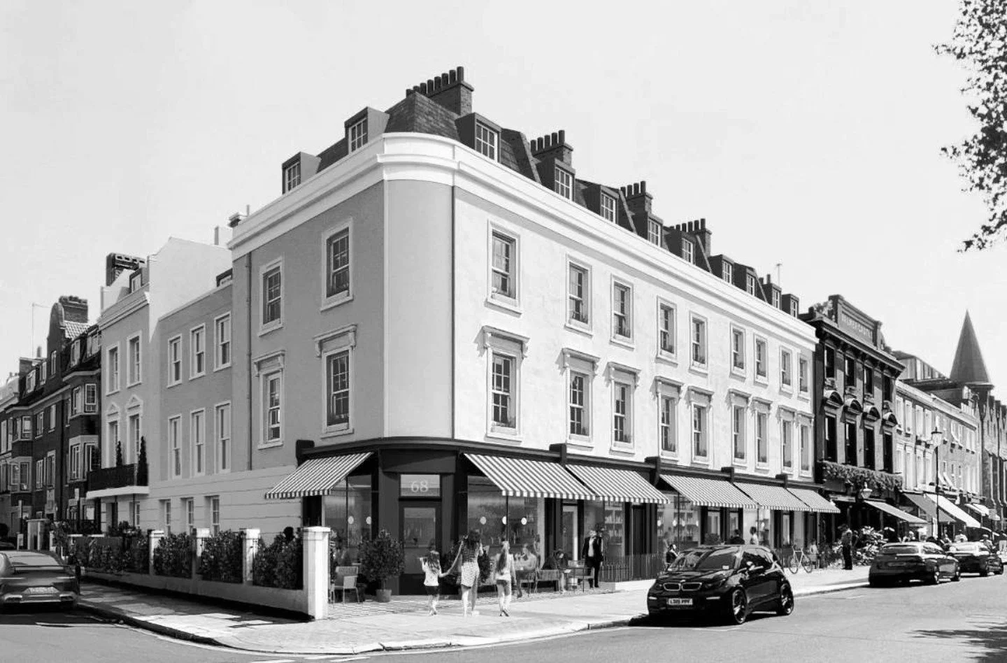 Black-and-white street view of elegant townhouses with striped awnings, storefronts, pedestrians, and parked cars.