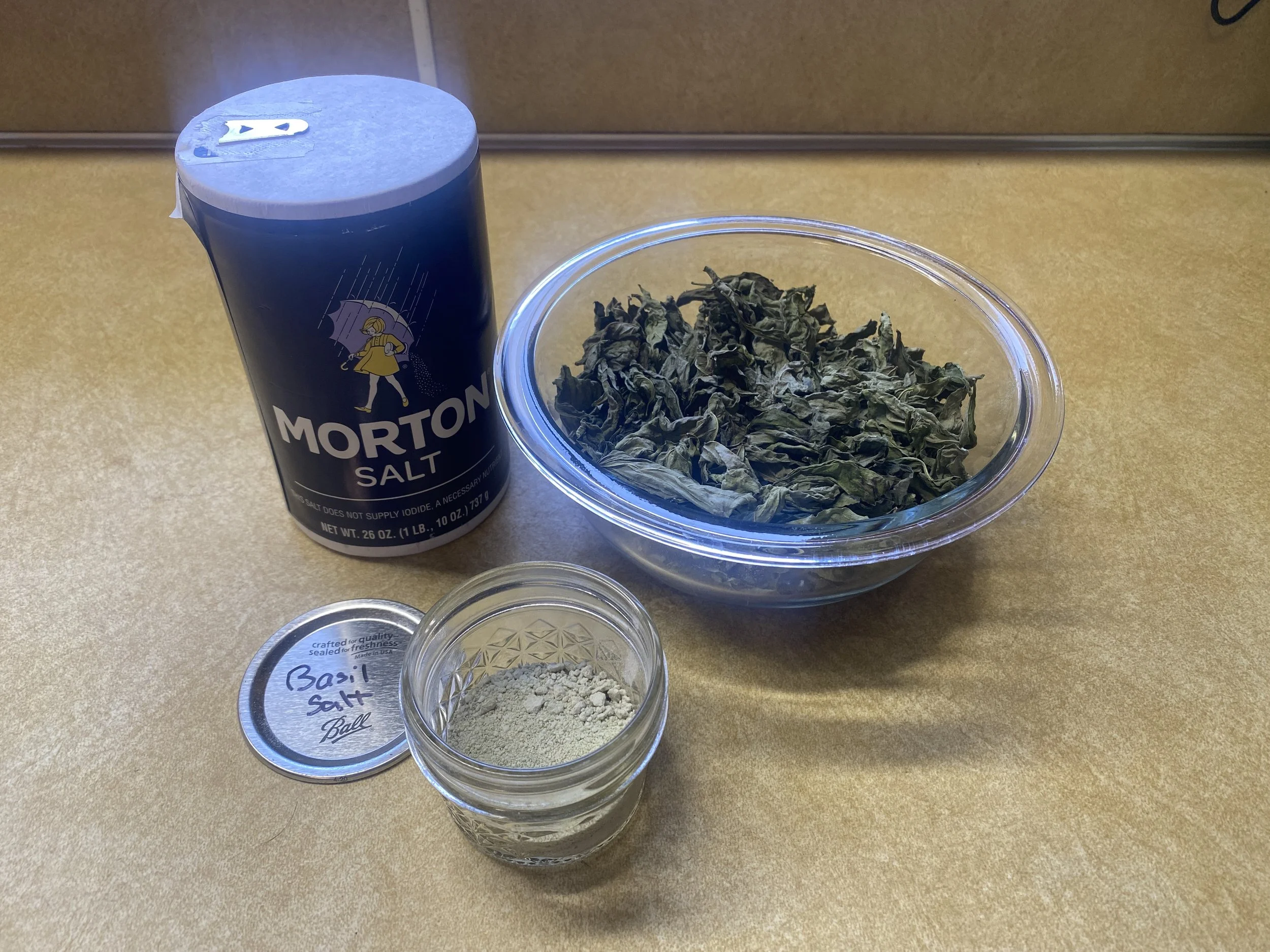 Basil salt, dried basil, and morton salt.