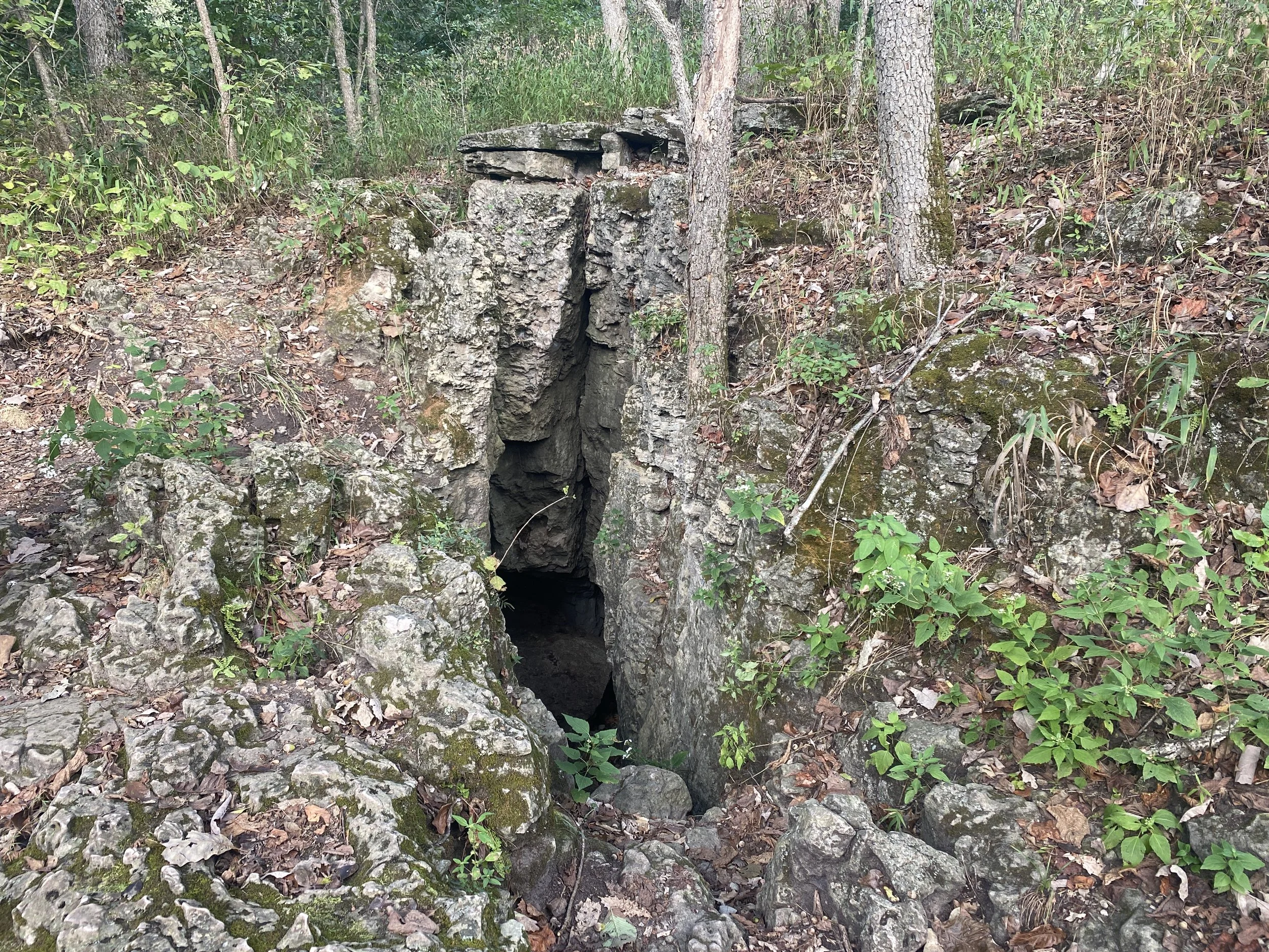 A hole to a cave is exposed along the walking path.