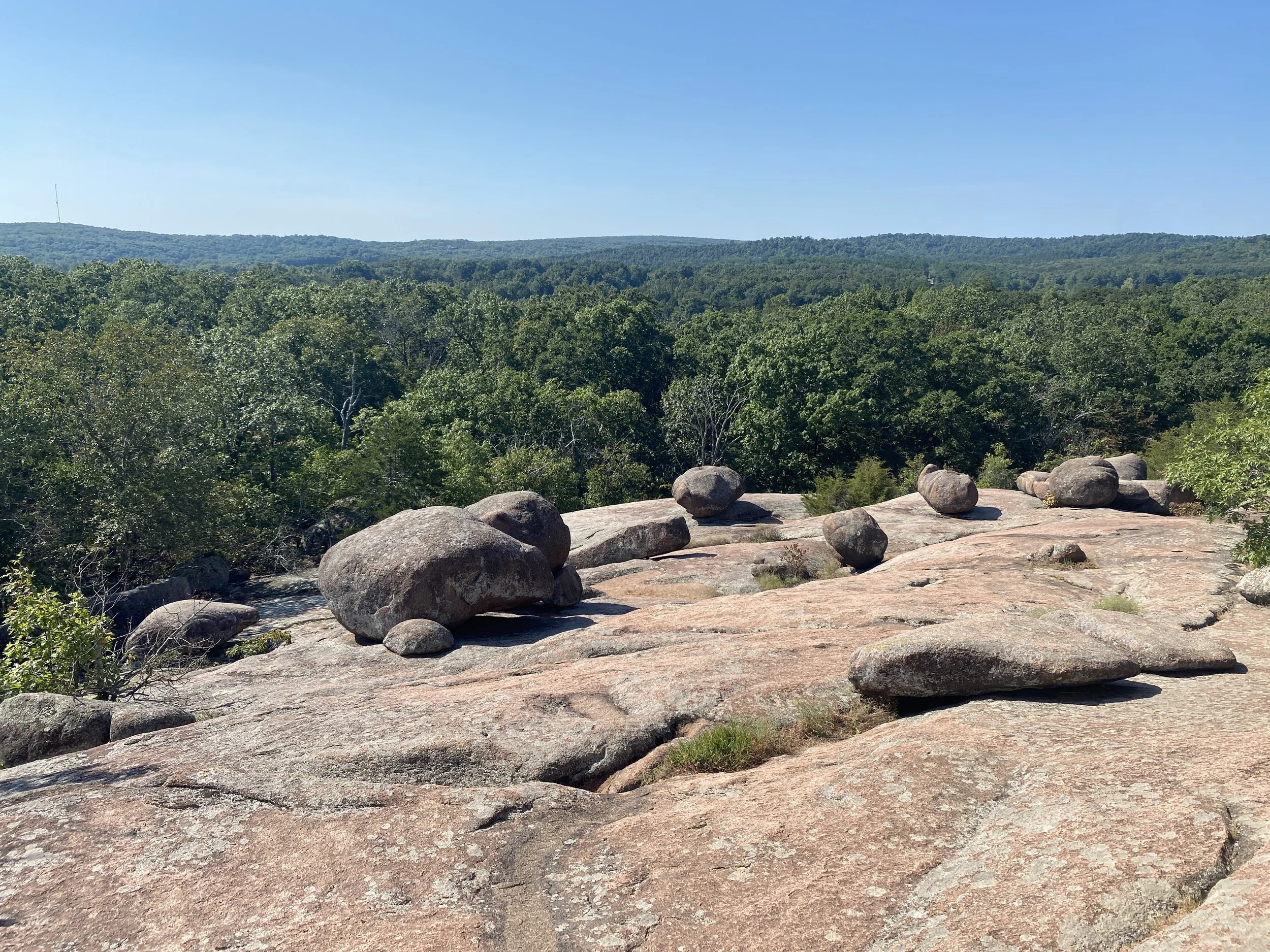 Large, lumpy stones sitting on top of a giant stone, with forest in the background.