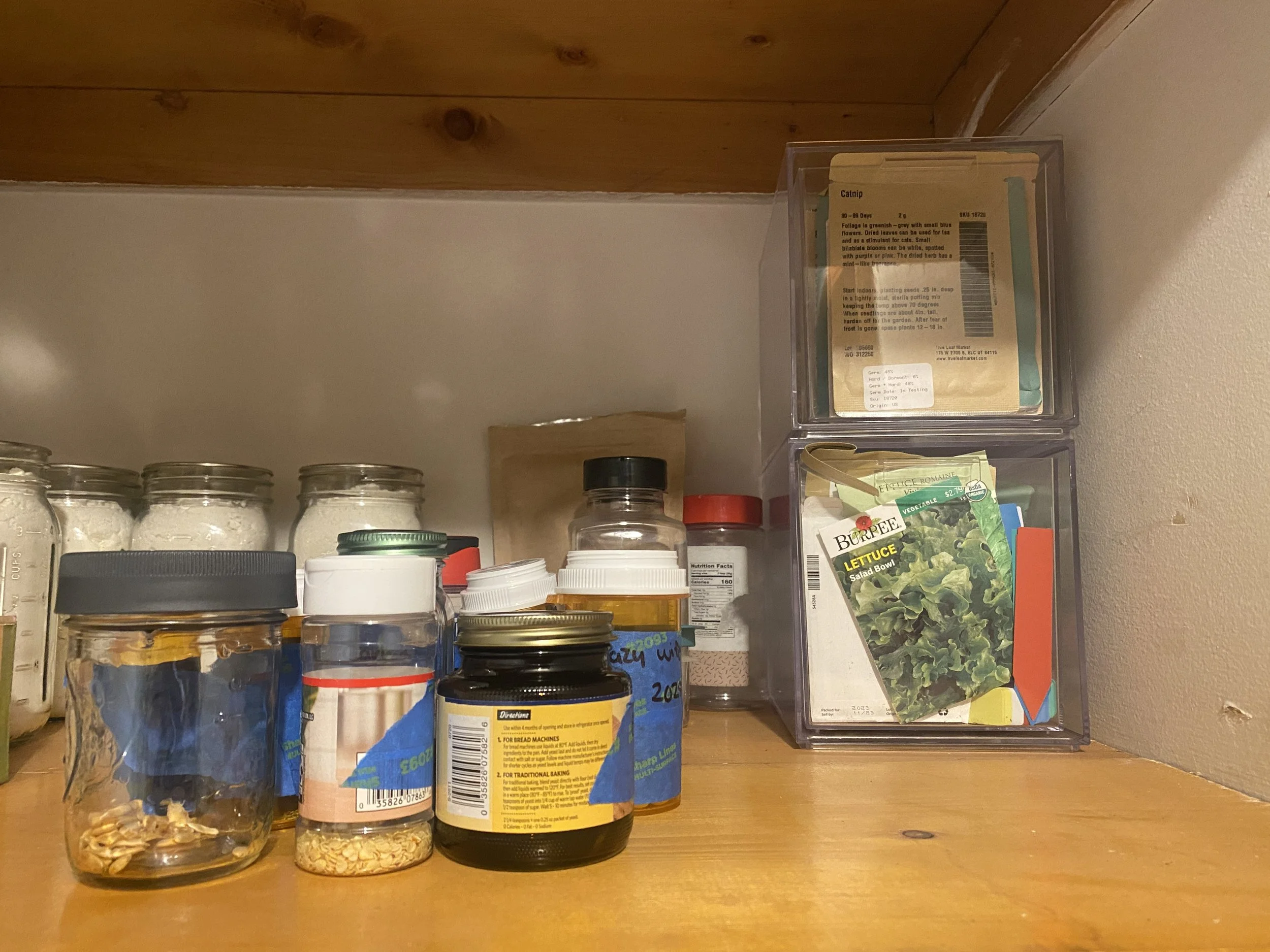 Shelf with seeds stored.