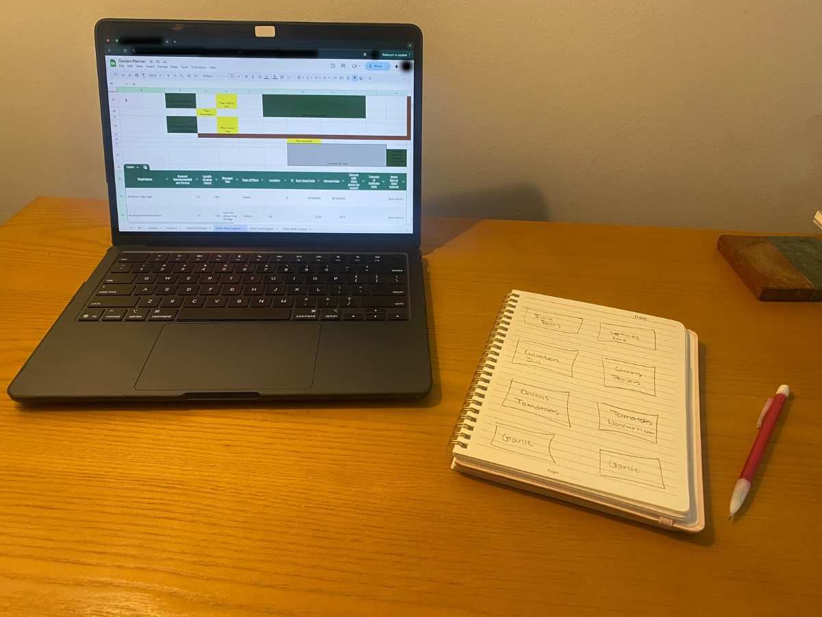 Computer and notebook with garden plans.