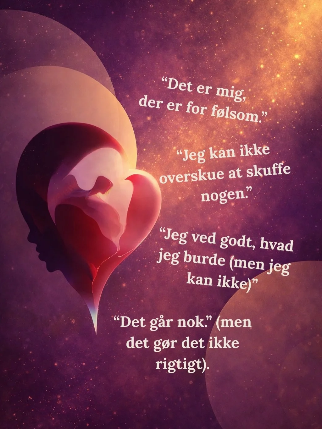 Kender du de s&aelig;tninger?

De lyder s&aring; rolige udefra.
Men indeni er der ofte noget, der holder vejret.

Det her handler ikke om at v&aelig;re for f&oslash;lsom.
Eller om ikke at have arbejdet nok med sig selv.

Det handler om et nervesystem