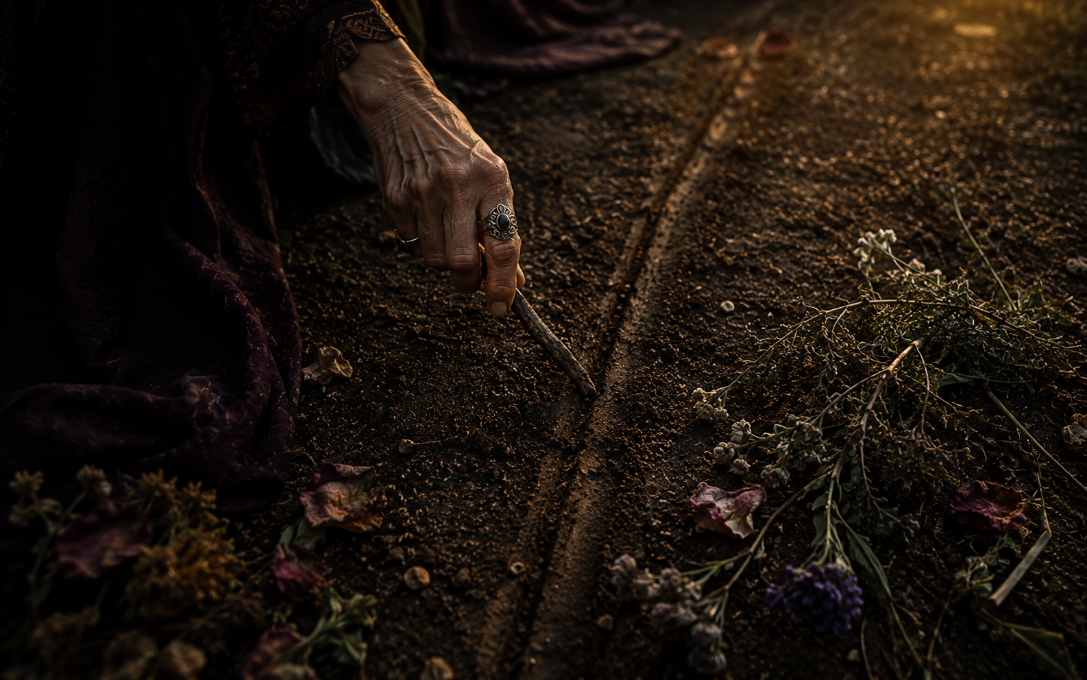 Hånd fra moden kvinde tegner en tydelig streg i mørk jord med en gren. Ritualinspireret scene med blomster og skumringslys, der symboliserer grænsesætning, følelsesmæssig frihed, traumeheling og personlig transformation.