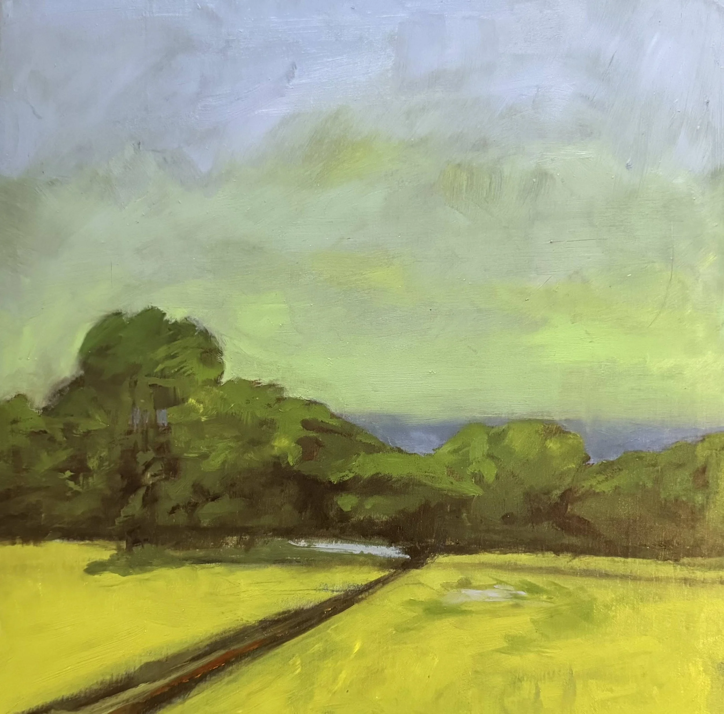 A landscape painting depicting green hills, trees, and a cloudy sky with a hint of blue in the distance.