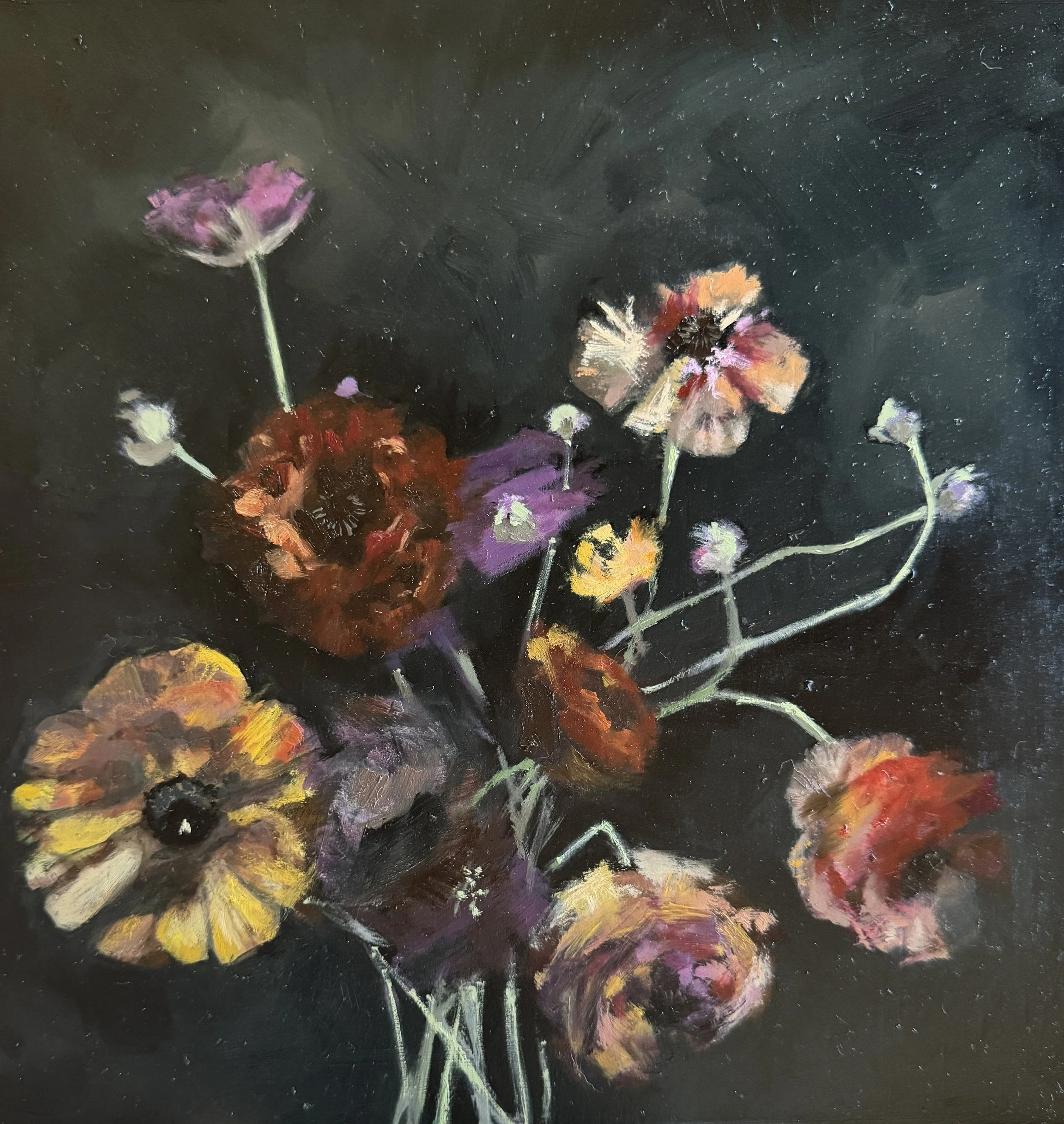 Painting of a bouquet of flowers with dark background, featuring various colorful blooms in shades of red, orange, yellow, purple, and white.