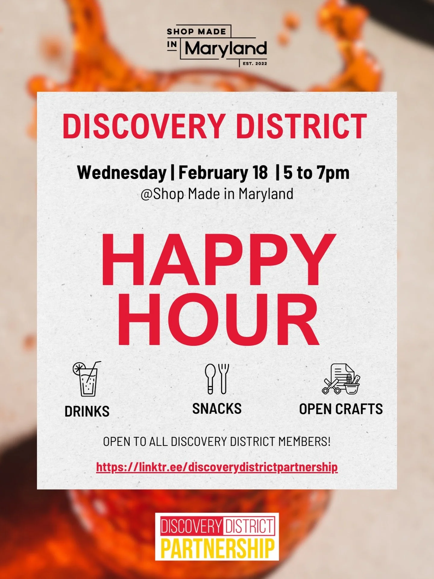 🚨 Discovery District Members 🚨

Join us for an upcoming Discovery District Happy Hour at @shopmadeinmd_ ! 🍹

Meet your neighbors, connect with fellow members, and enjoy a relaxed, creative evening while browsing locally made goods. 🤝✨

🔗 RSVP vi