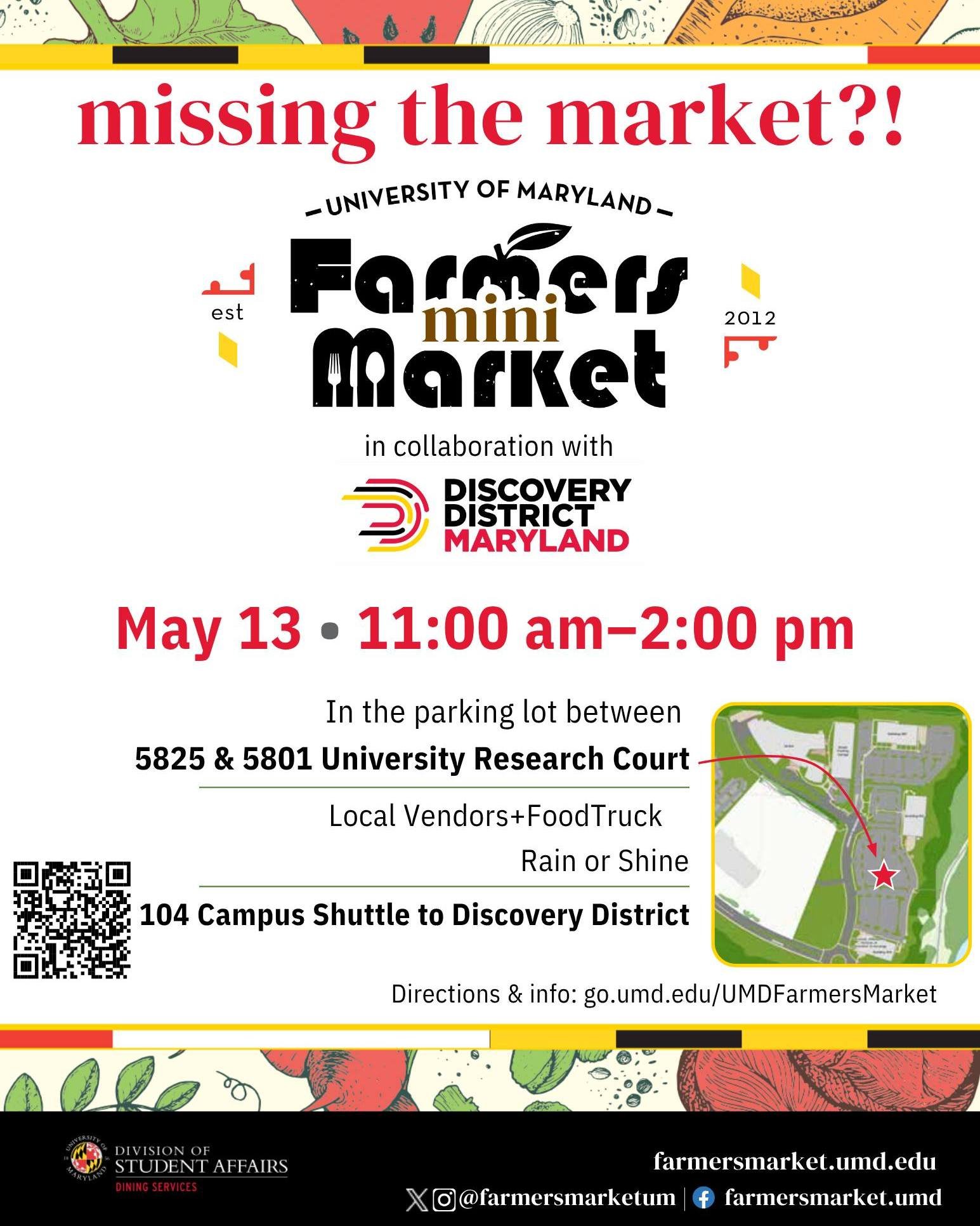 Summer mini markets are back! 

Join us for a series of Mini Farmers Markets at Discovery District Maryland this summer! We&rsquo;re partnering with the @farmersmarketum team to bring some of your favorite campus vendors to the District. Grab lunch, 