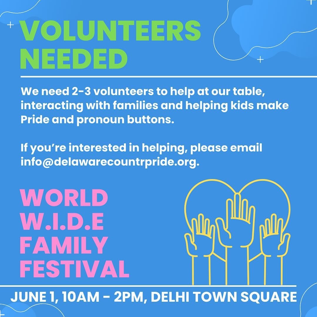 We will have a table at the World W.I.D.E. Family Festival in Delhi on Saturday, June 1, from 11am to 2pm and need volunteers to field community questions and help kids make pronoun and pride pins with our fabulous button-making machine. We also need