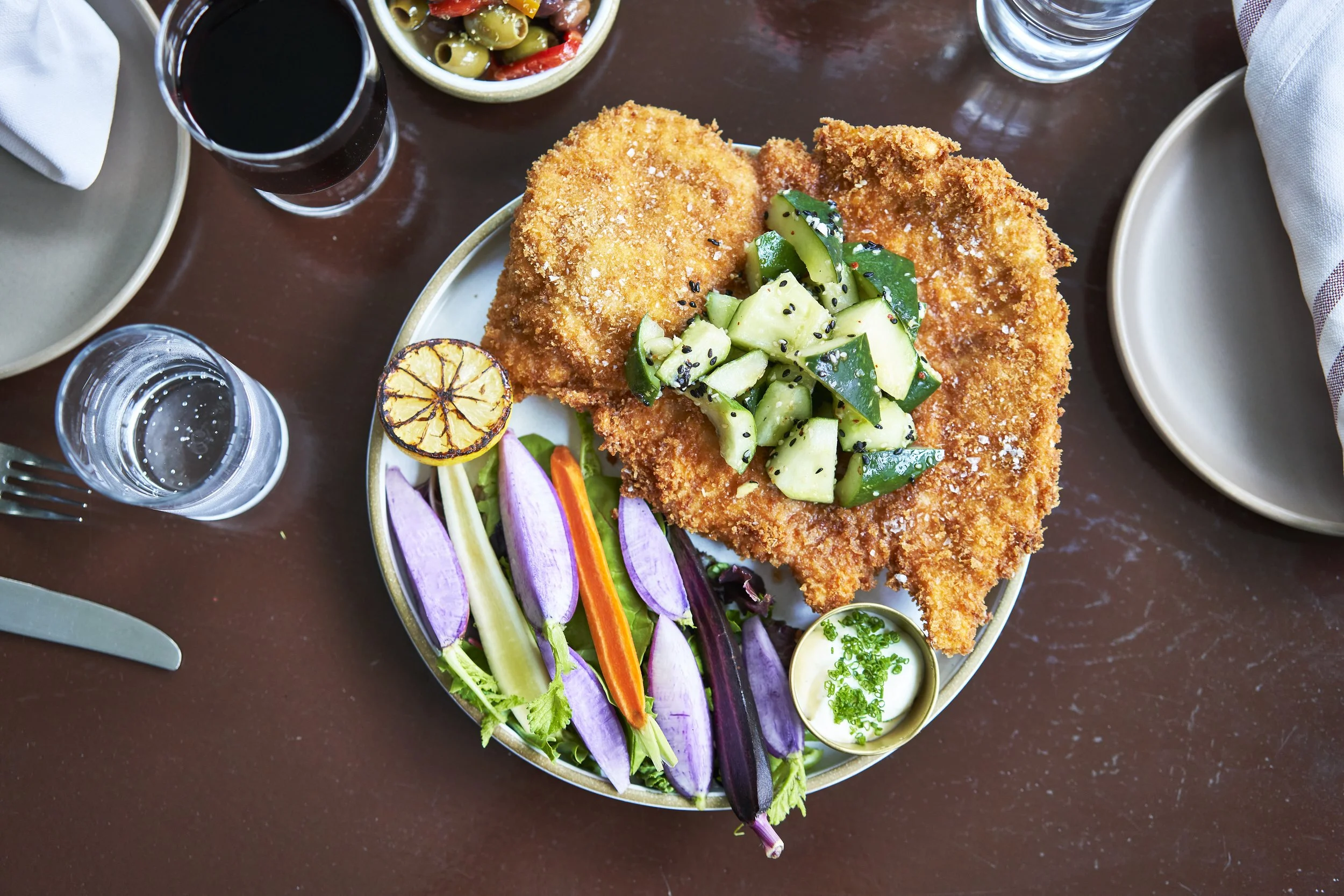 Chicken Schnitzel with Charred Lemon & Crudités