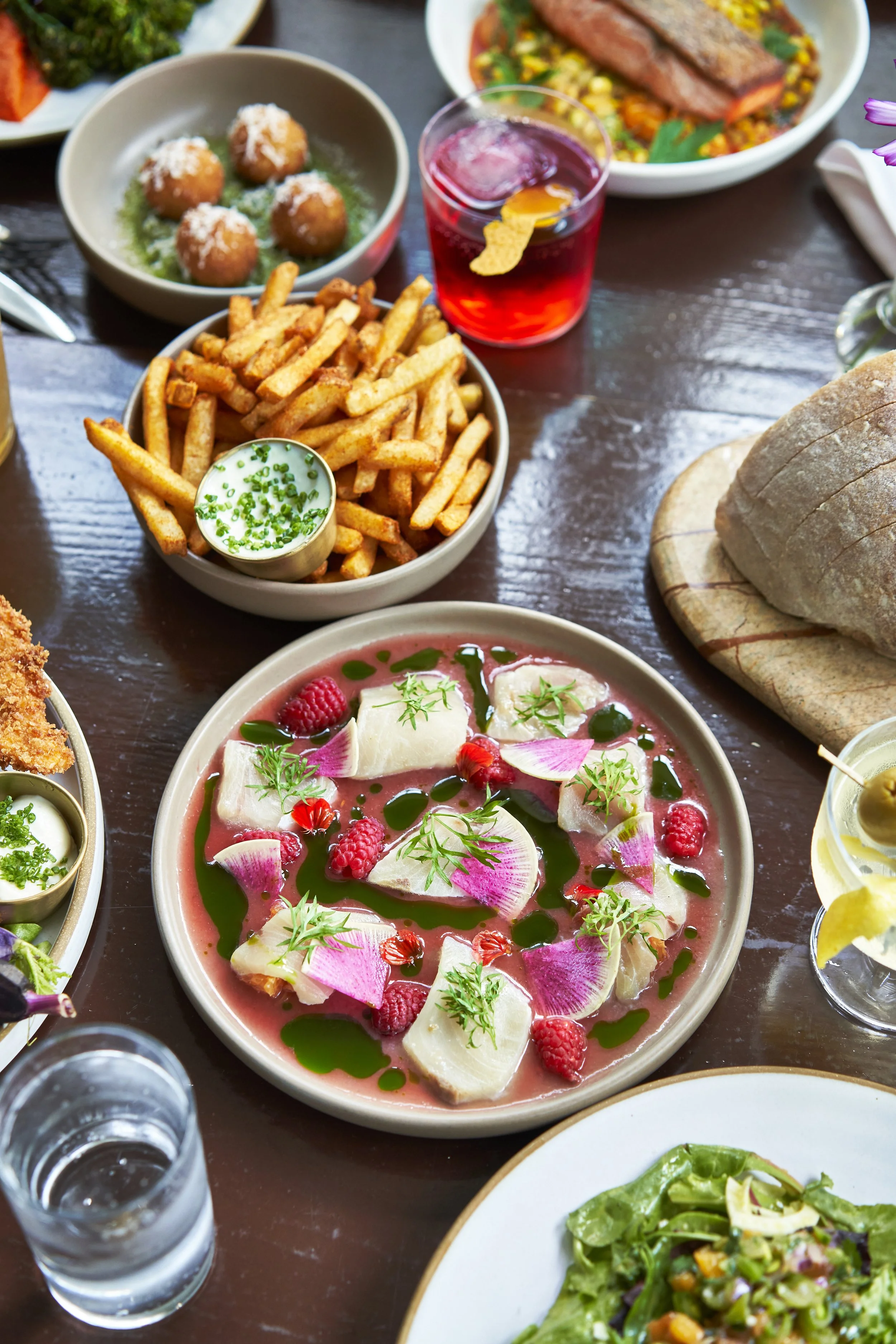 Hamachi Crudo, Fries, Arancini
