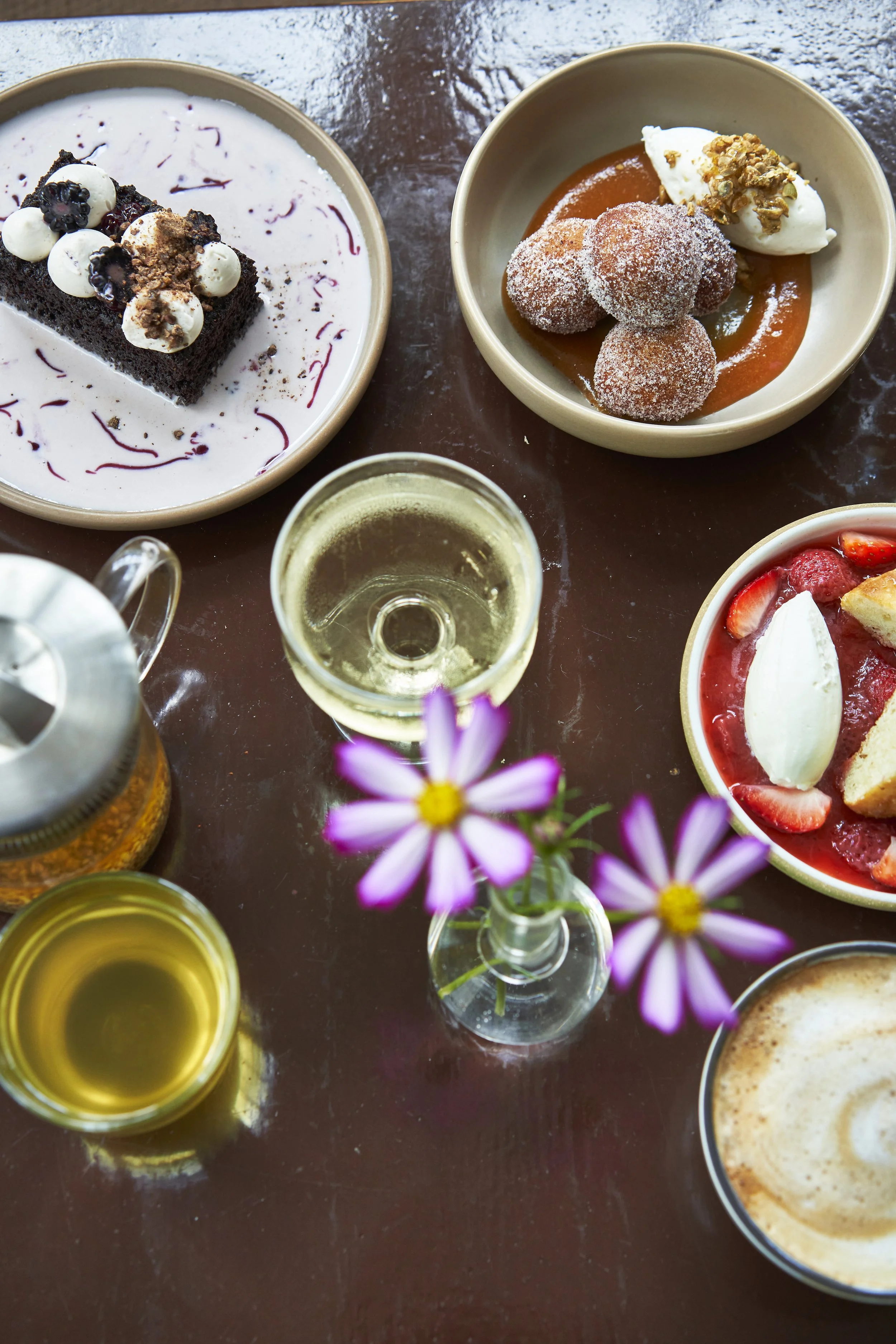 Loukoumades "Greek Donuts", Blackberry Tres Leches, Strawberries & Cream