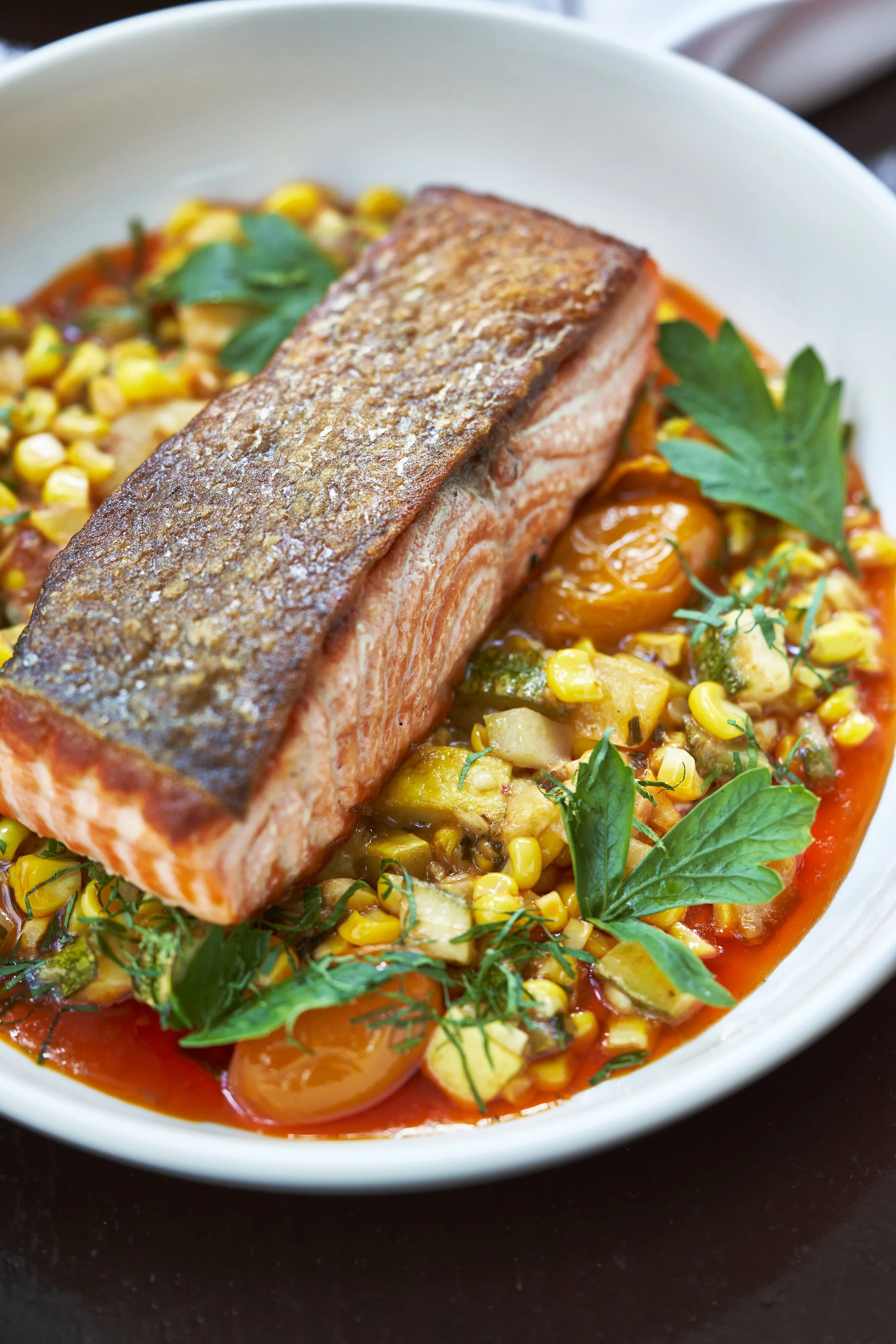 Scottish Steelhead Trout with Corn & Zucchini Succotash