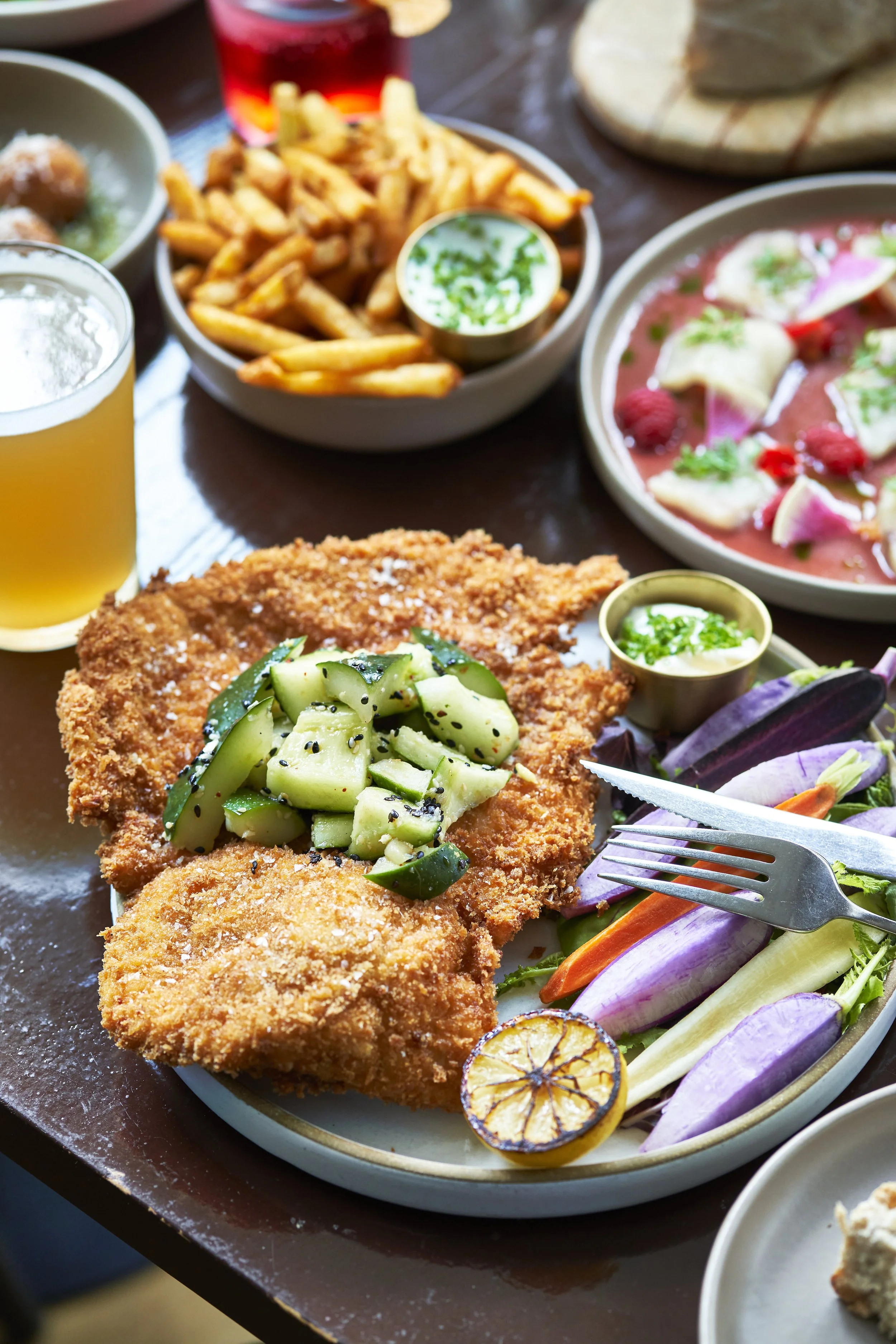 Chicken Schnitzel with Charred Lemon & Crudités