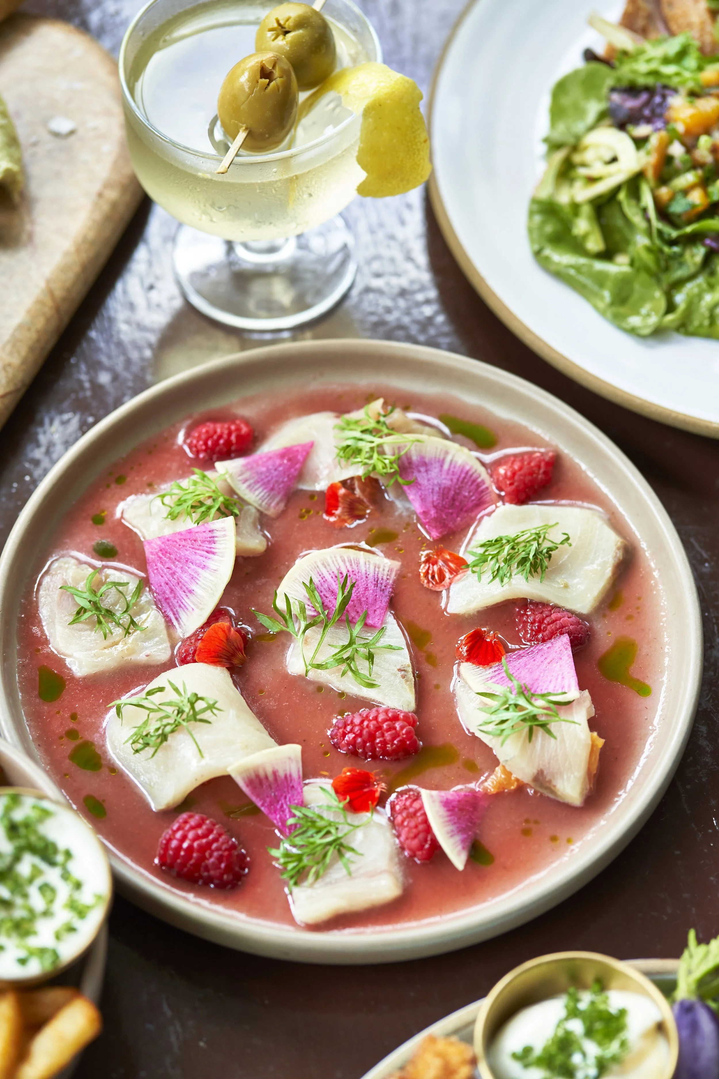 Hamachi Crudo, Raspberry and Orange Ponzu, Watermelon Radish