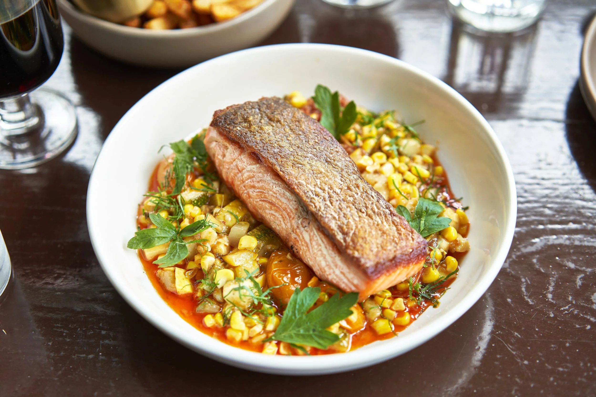 Scottish Steelhead Trout with Corn & Zucchini Succotash