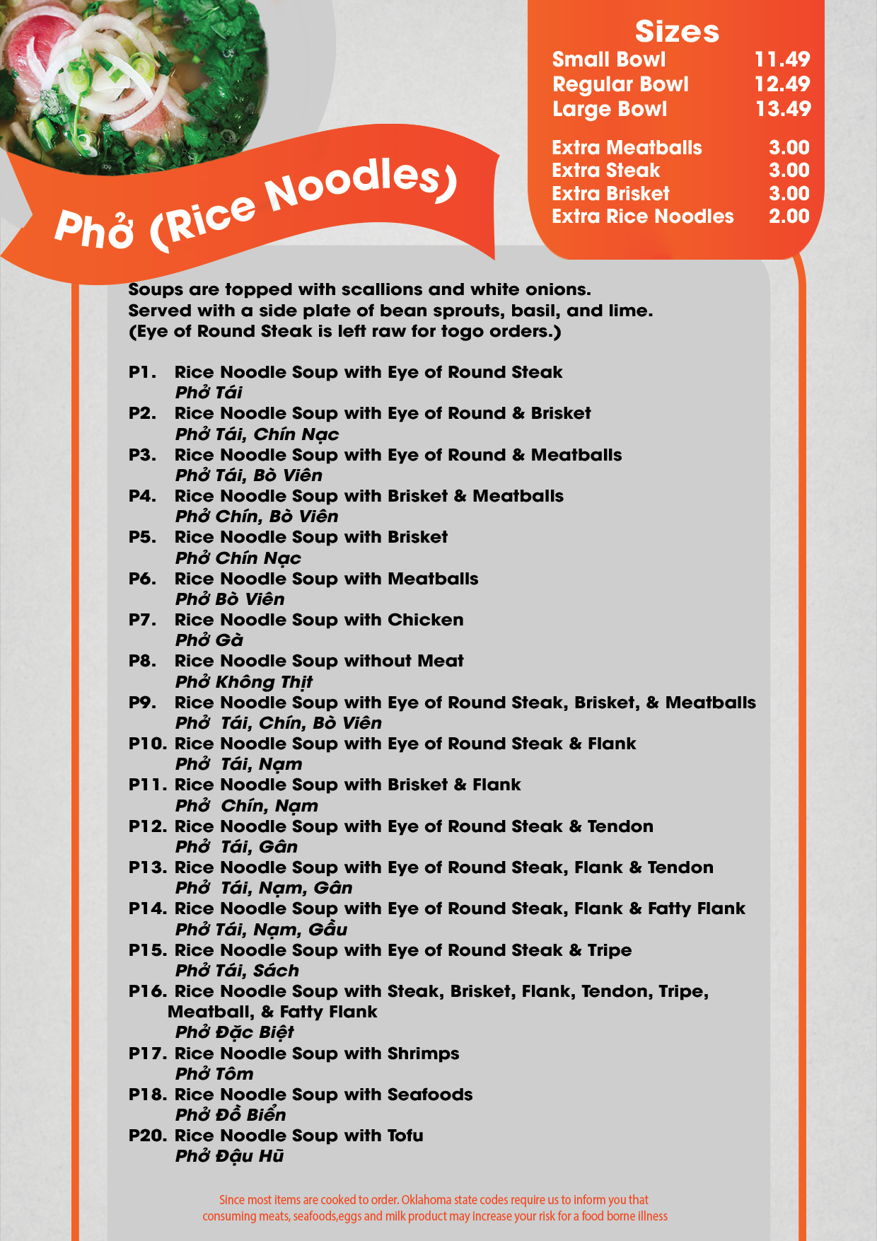 Pho Menu