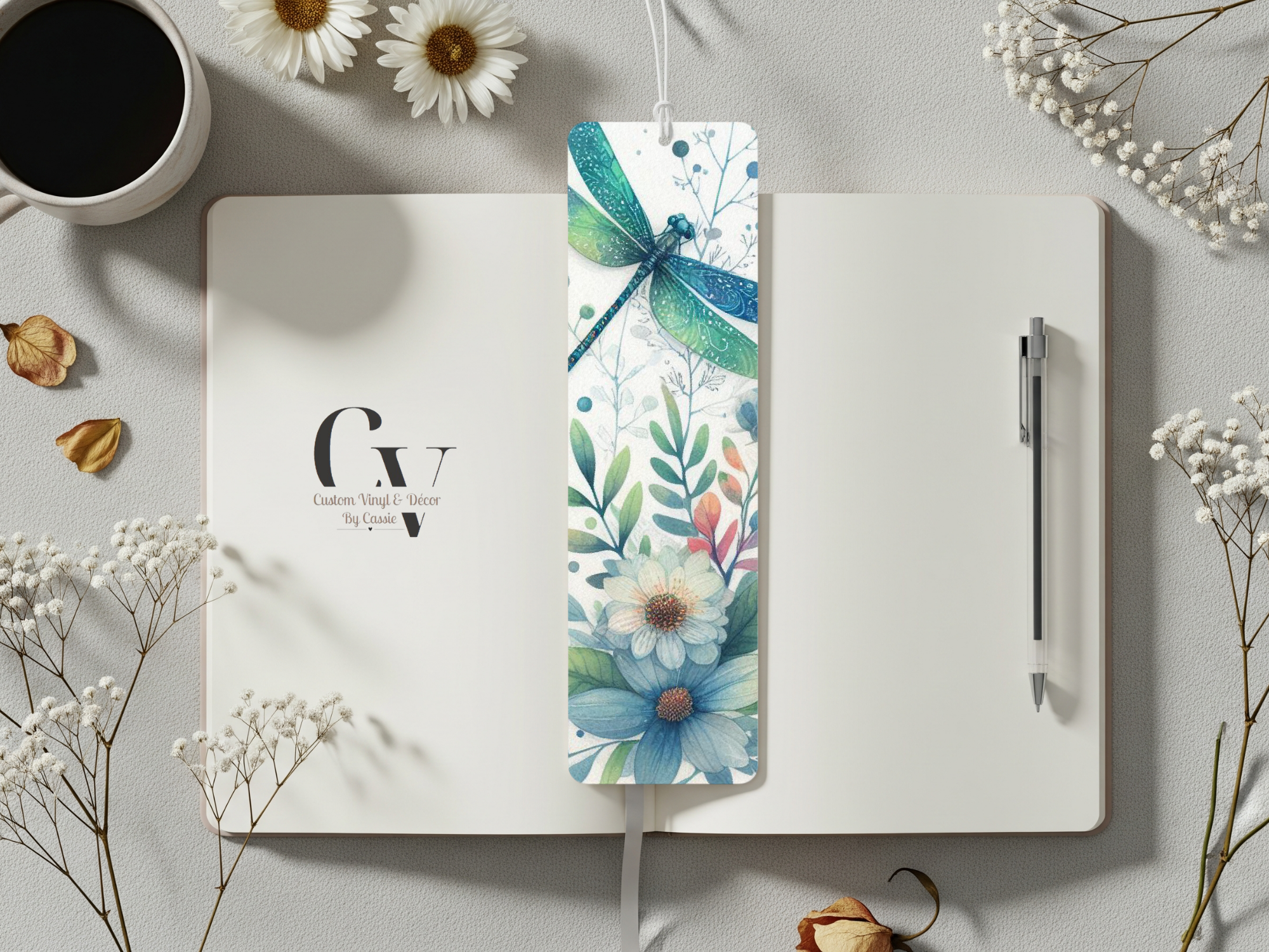 Blue Floral Dragonfly Bookmark