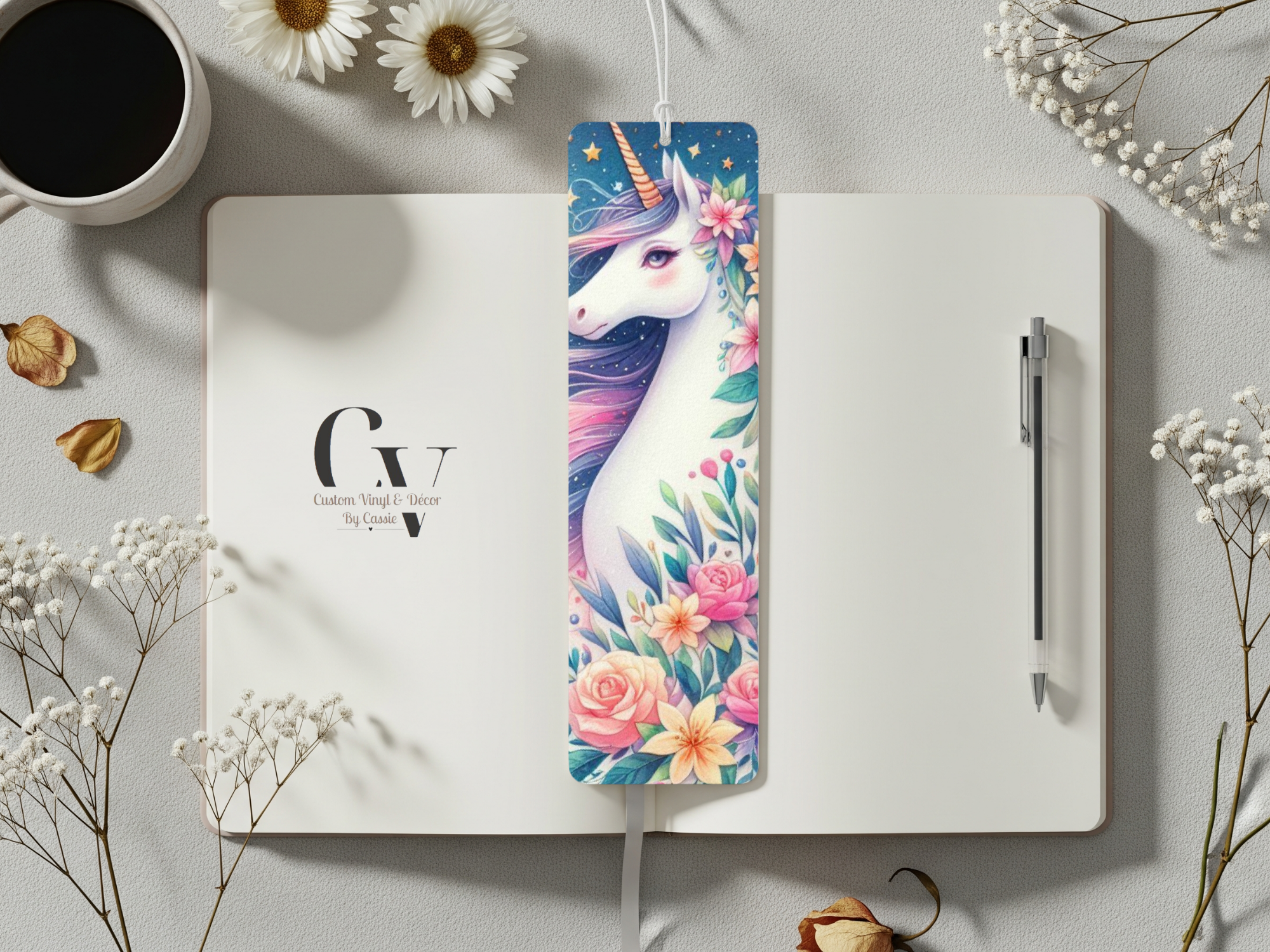 Blue Floral Unicorn Bookmark