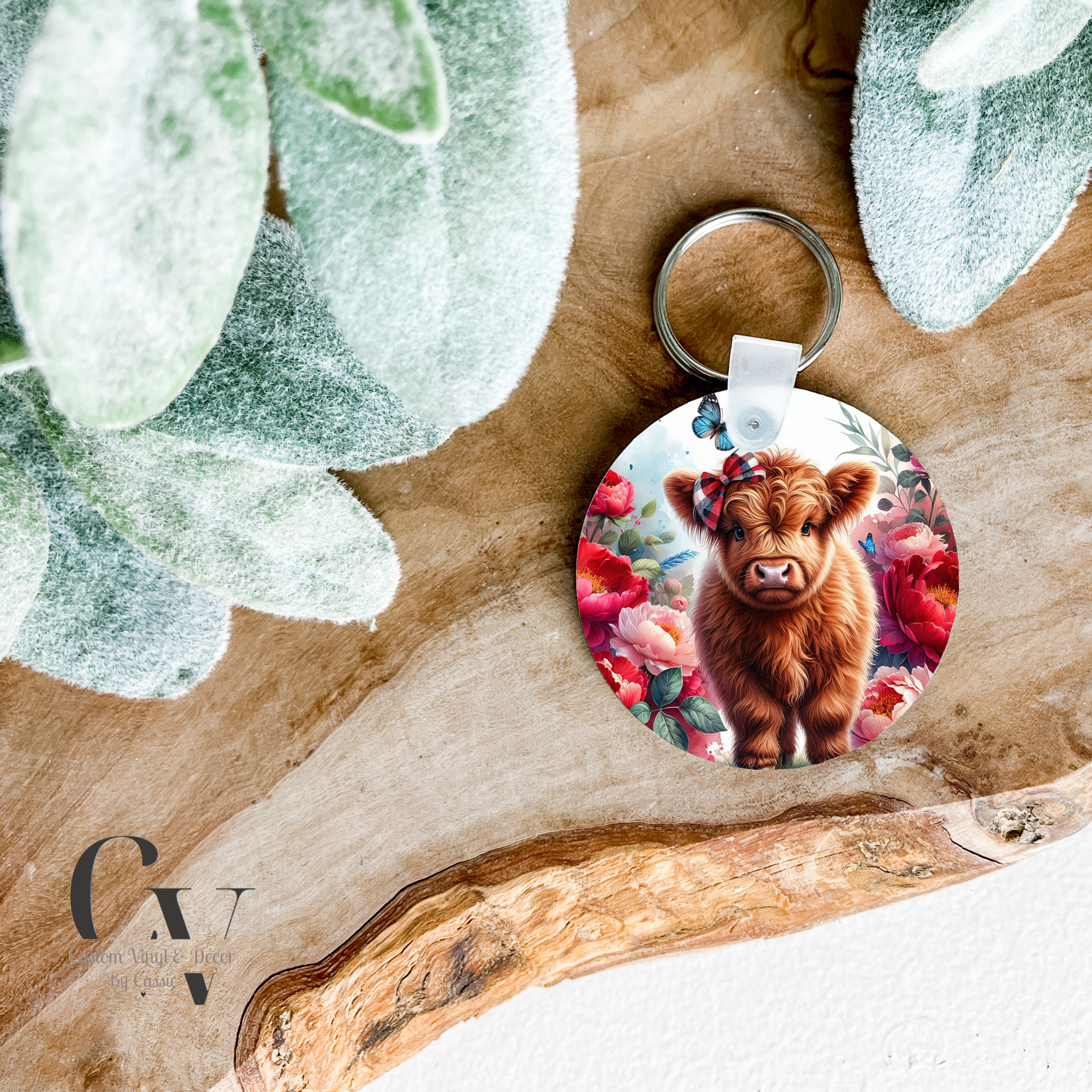 Pink Floral Cow Keychain