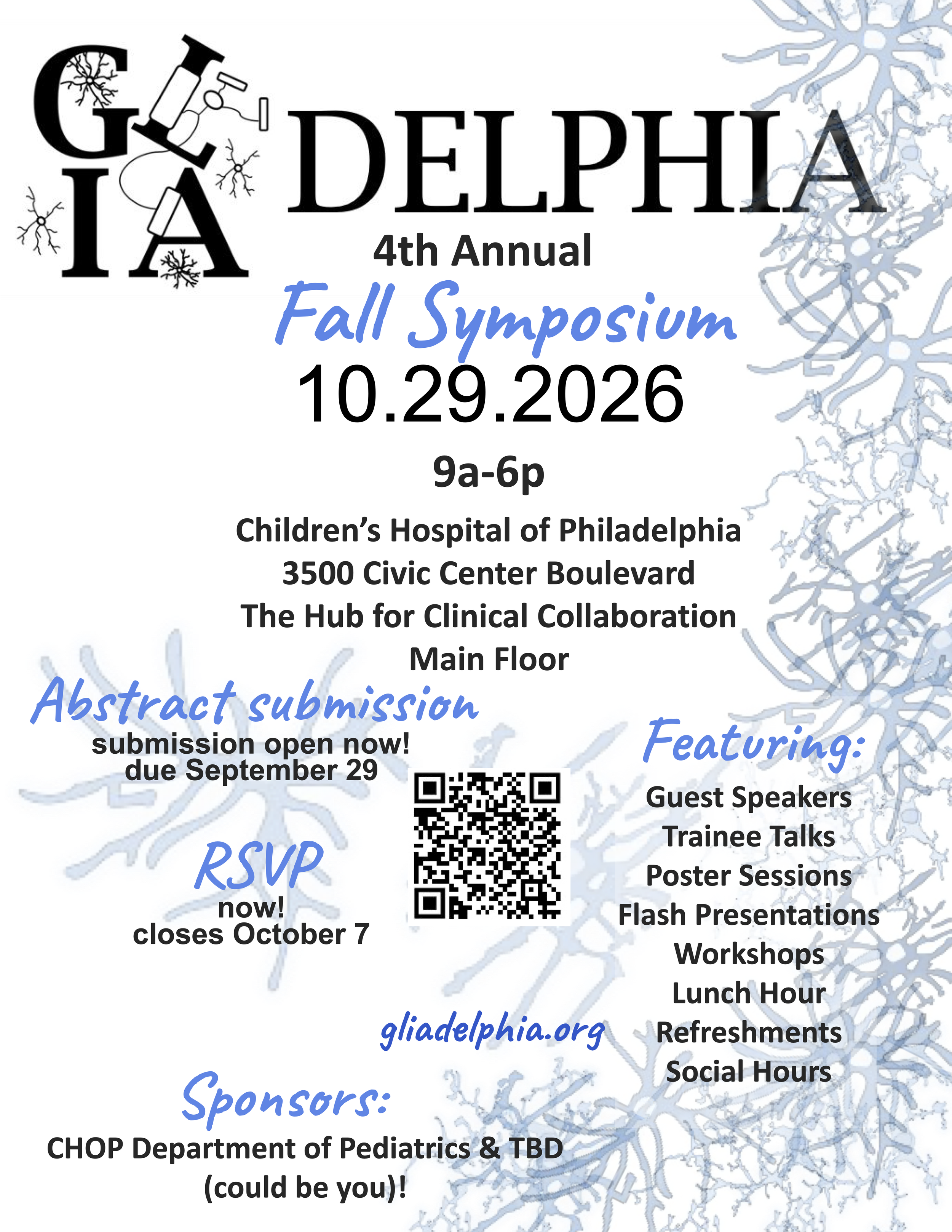 Flyer for 4th Annual Fall Gliadelphia Symposium 10/29/2026 from 9-6pm at CHOP. Details forthcoming!