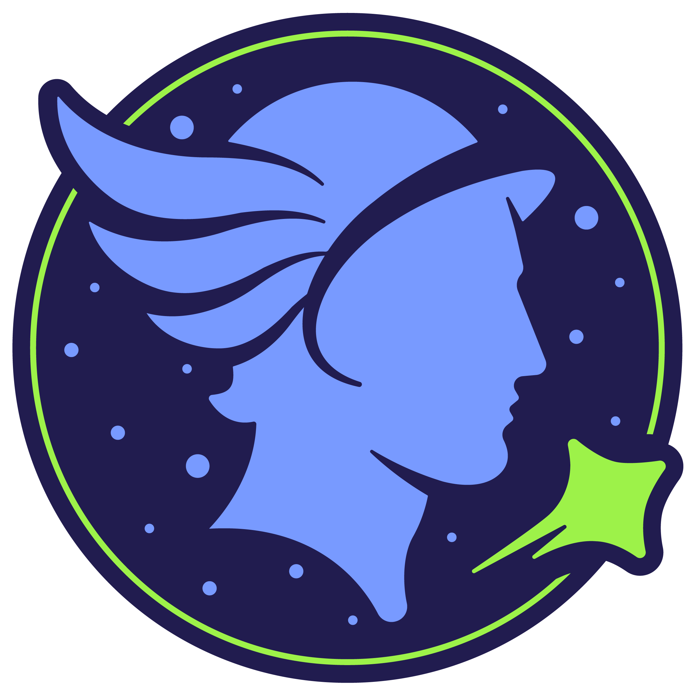 intella mercury logo: mercury god profile with the neon green star of intella