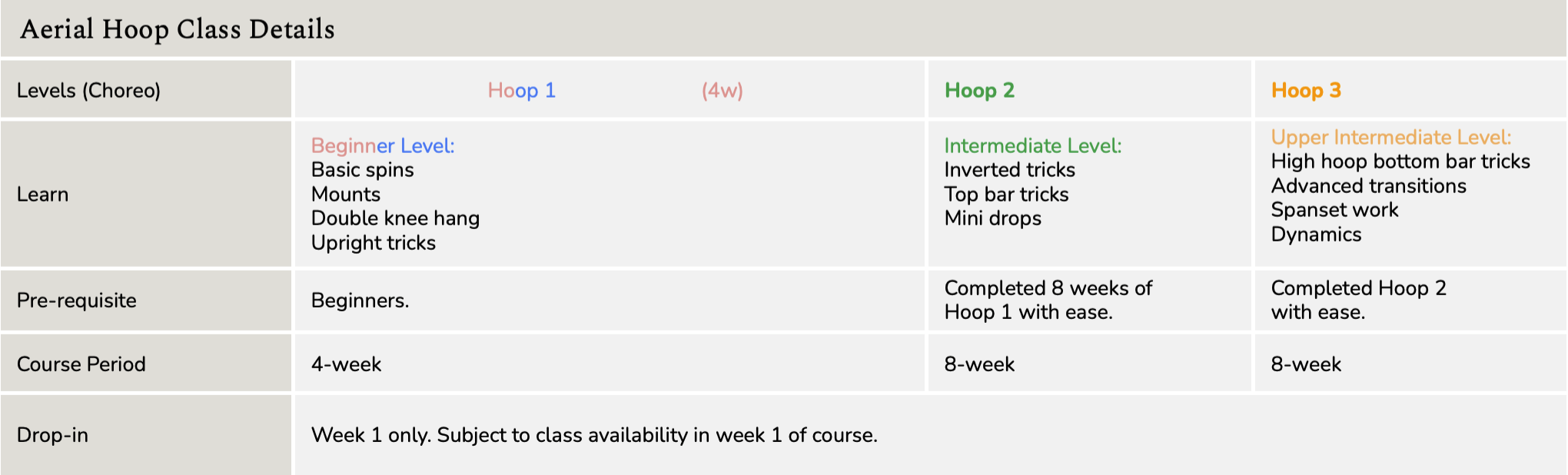 Table titled Aerial Hoop Class Details with sections for different levels: beginner, intermediate, and upper intermediate. Describes skills learned at each level, prerequisites, course duration, and drop-in info.