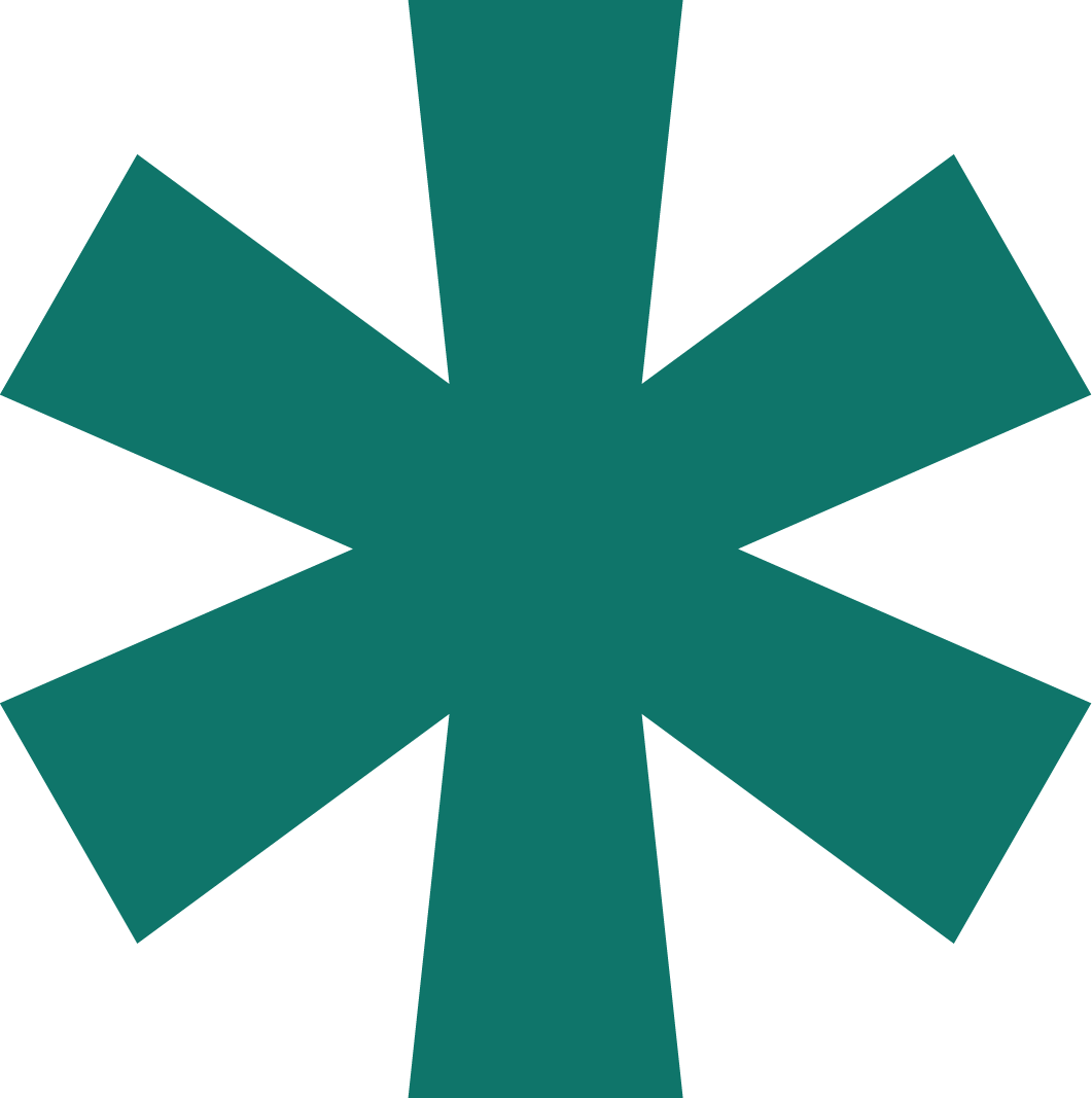 A teal asterisk-like symbol with eight thick arms pointing outward.