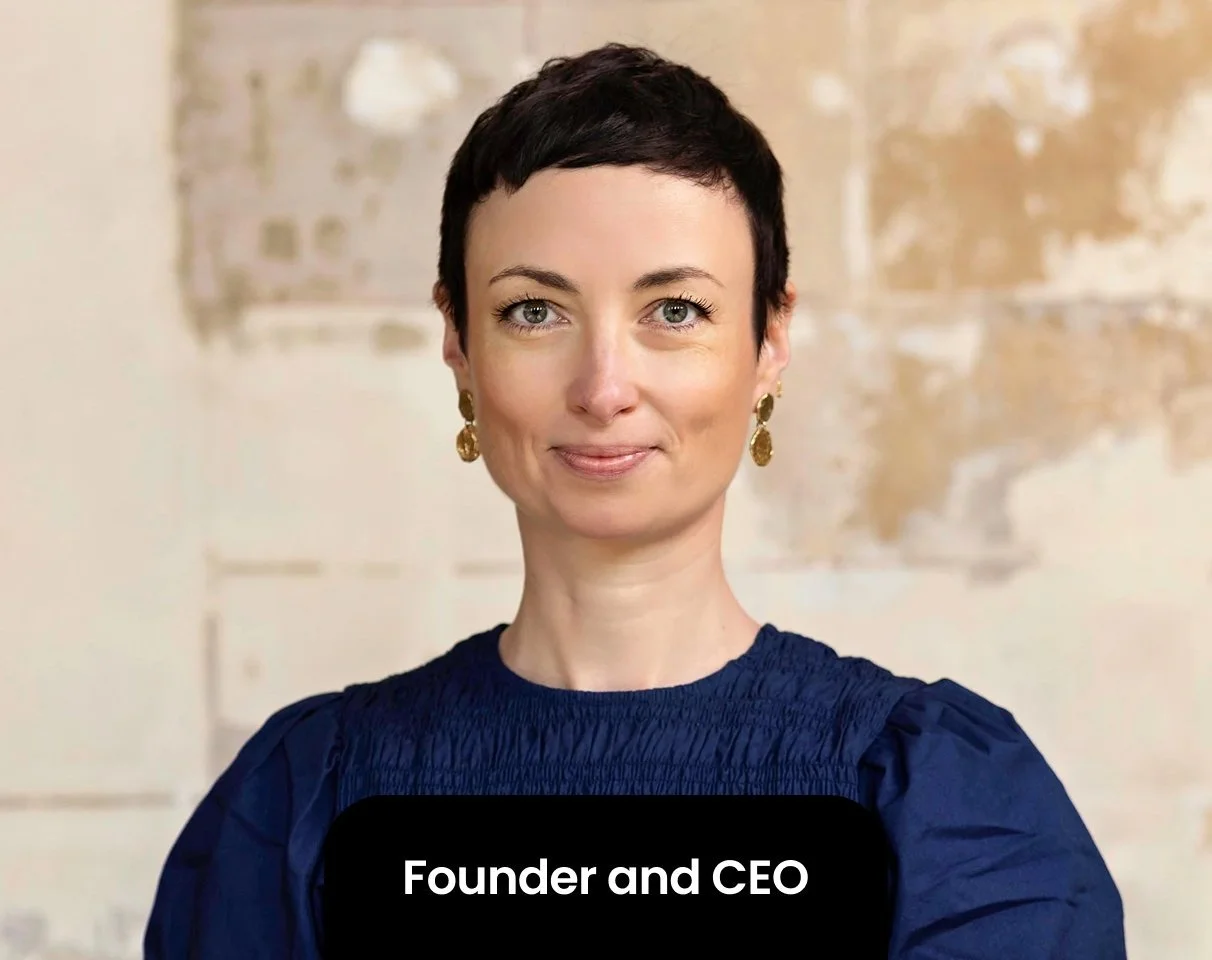 Photo of a woman with short dark hair and earrings, wearing a navy blue top. Text overlay says "Founder and CEO."
