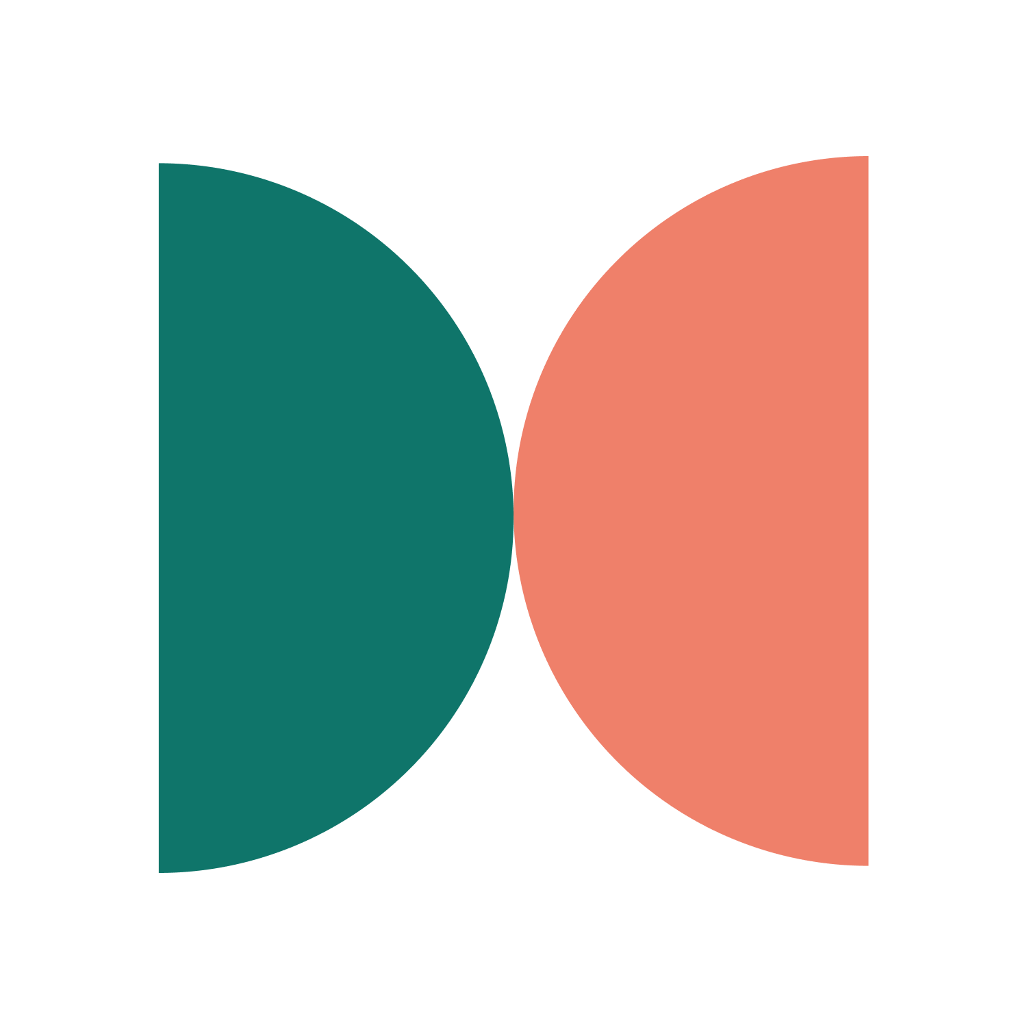 Two semicircular shapes, one teal on the left and one coral on the right, overlapping in the middle against a black background.