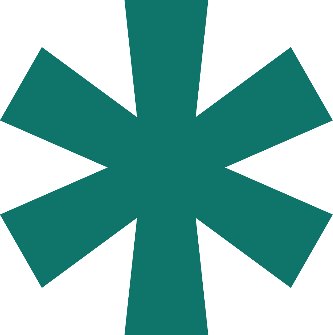 A teal six-pointed star with an arrow shape on each point, arranged in a radial pattern.
