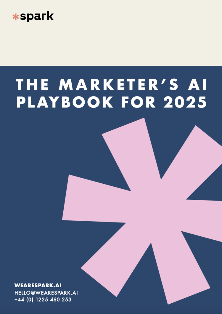 Cover of a report titled 'The Marketer's AI Playbook for 2025' by We Are Spark, with a pink starburst graphic on a blue background.