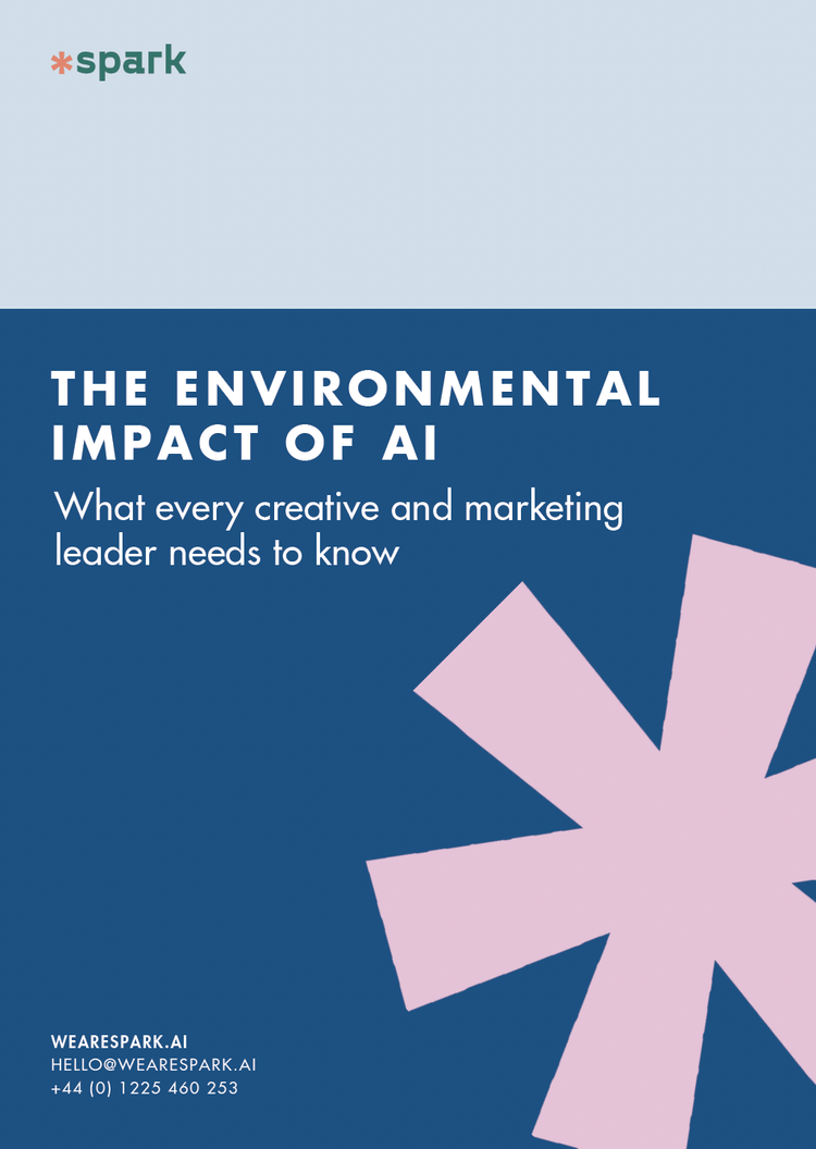 Book cover titled 'The Environmental Impact of AI: What every creative and marketing leader needs to know,' with a geometric purple starburst design on a blue background, and 'Spark' logo at the top left.