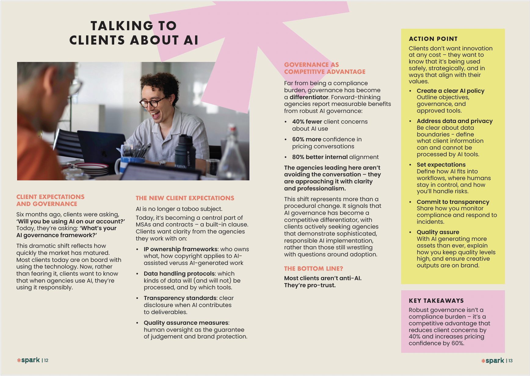 A colorful infographic titled "Talking to clients about AI" featuring a photo of two people at a table, one smiling woman and a blurred man. The infographic discusses client expectations, governance as a competitive advantage, key action points, and 