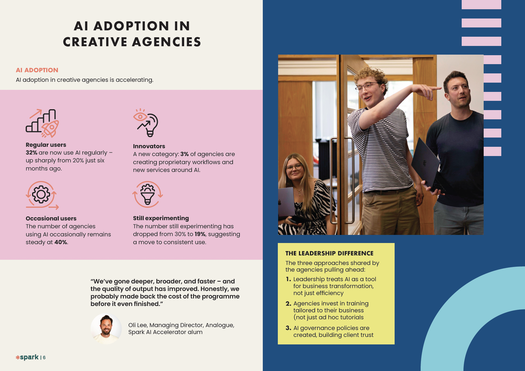 An infographic about AI adoption in creative agencies, featuring text about user categories, a photo of three people discussing in an office, and a section on leadership strategies.