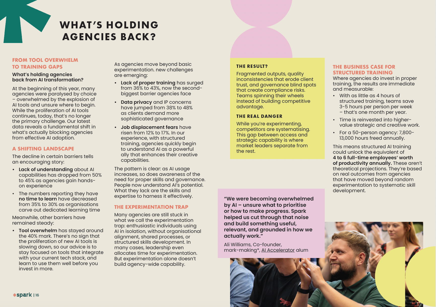 An informational infographic discussing the challenges holding agencies back from AI transformation, including tool overwhelm, training gaps, and experimentation issues. Highlighted sections cover data privacy, structured training business case, and 