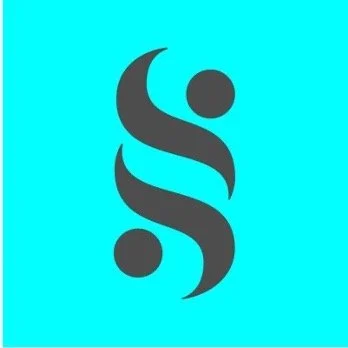 Abstract black swirl logo with dot accents on a light blue background